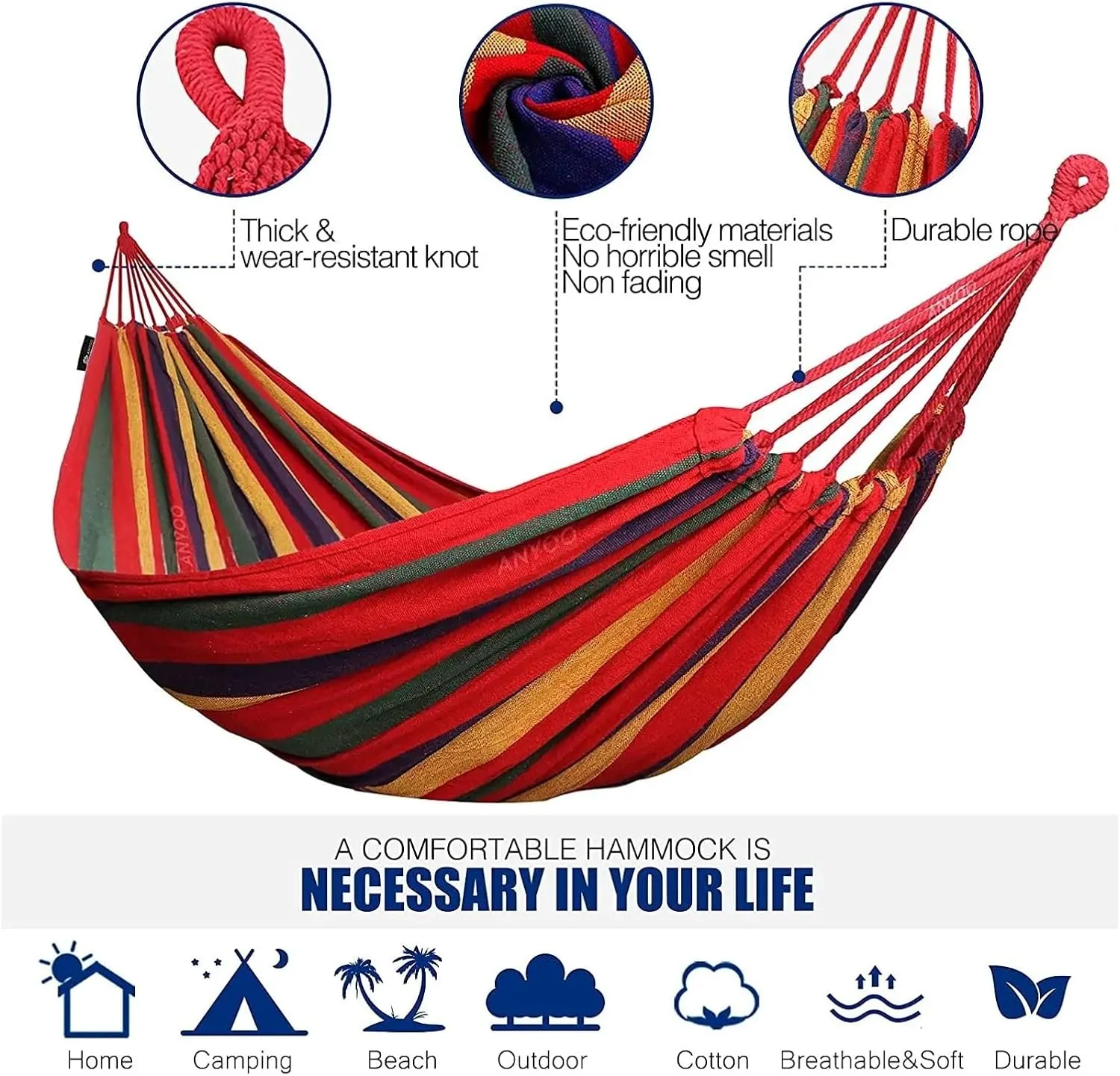 Camping Hammock Camping Double Hammock Comfortable Portable 260 * 150cm Canvas Hanging Bed for Outdoor Garden Beach Furniture Swing Chair, Blue and Green