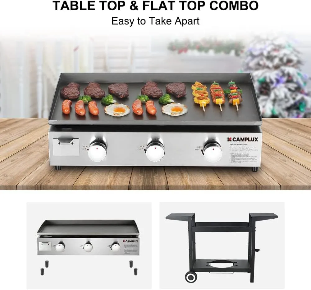 CAMPLUX ENJOY OUTDOOR LIFE Flat Top Grill Griddle,Camplux Propane gas outdoor grill Griddle Cooking Station for Camping,BBQ,Tailgating or Picnicking, Stainless Steel, Silver, Black