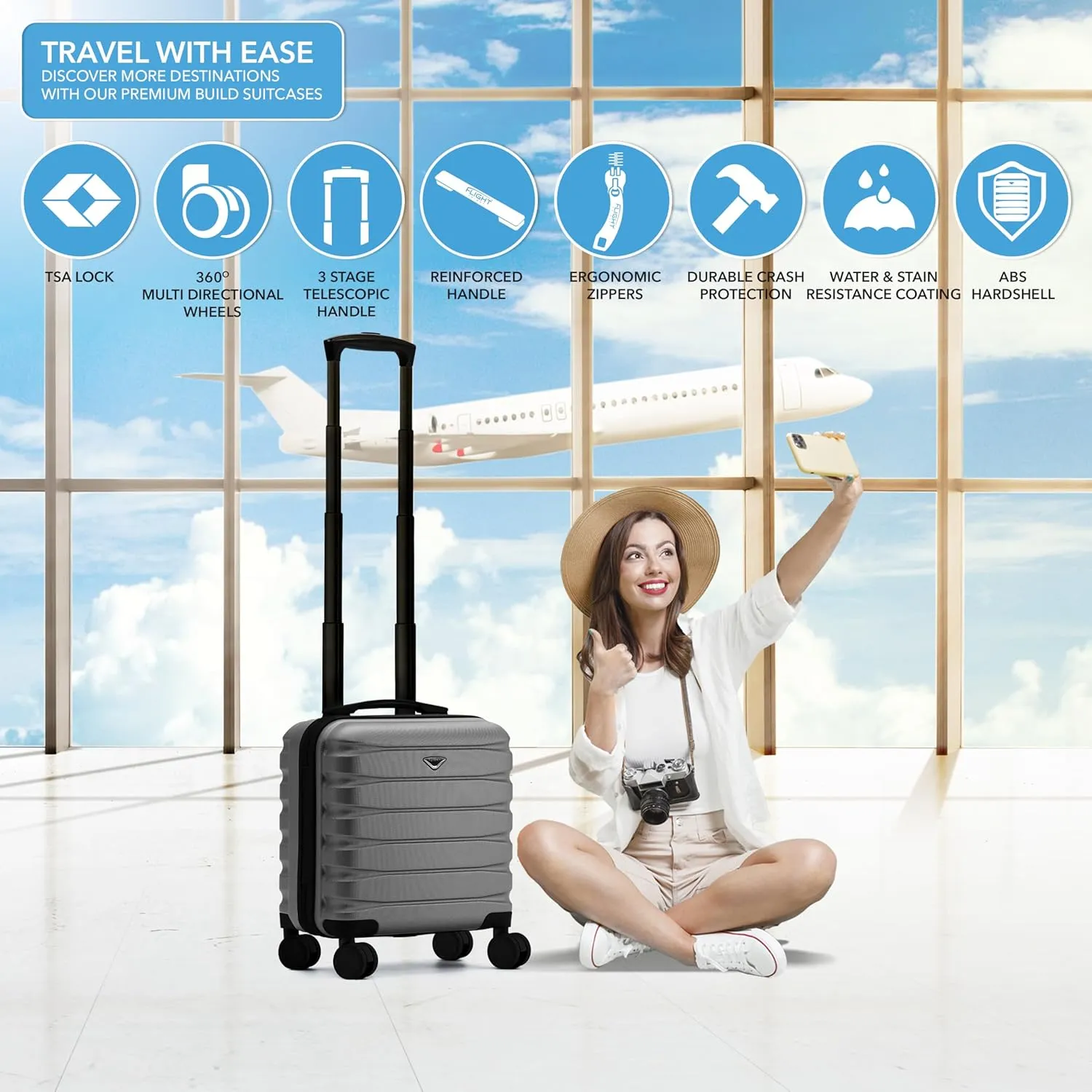 Carry On Suitcase 18x14x8 Hardside Built In TSA Lock & USB Port Lightweight Luggage Silent Double Spinner Wheels Maximum Underseat Carry-On Bag For American & United Approved Airlines