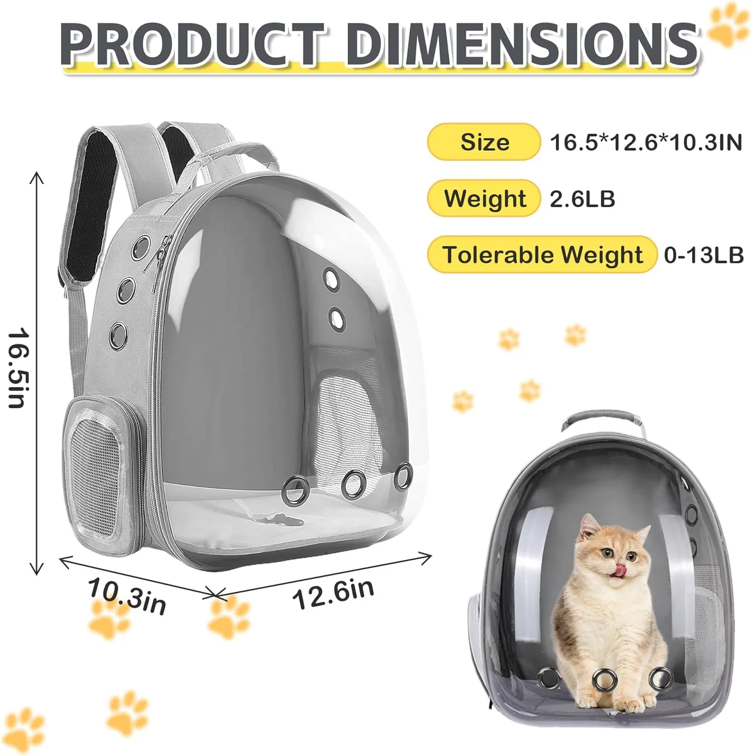 Cat Backpack Carrier Bubble Bag, Transparent Space Capsule Pet Carrier Dog Hiking Backpack, Small Dog Backpack Carrier for Cats Puppies Airline Approved Travel Carrier Outdoor Use Yellow Gray