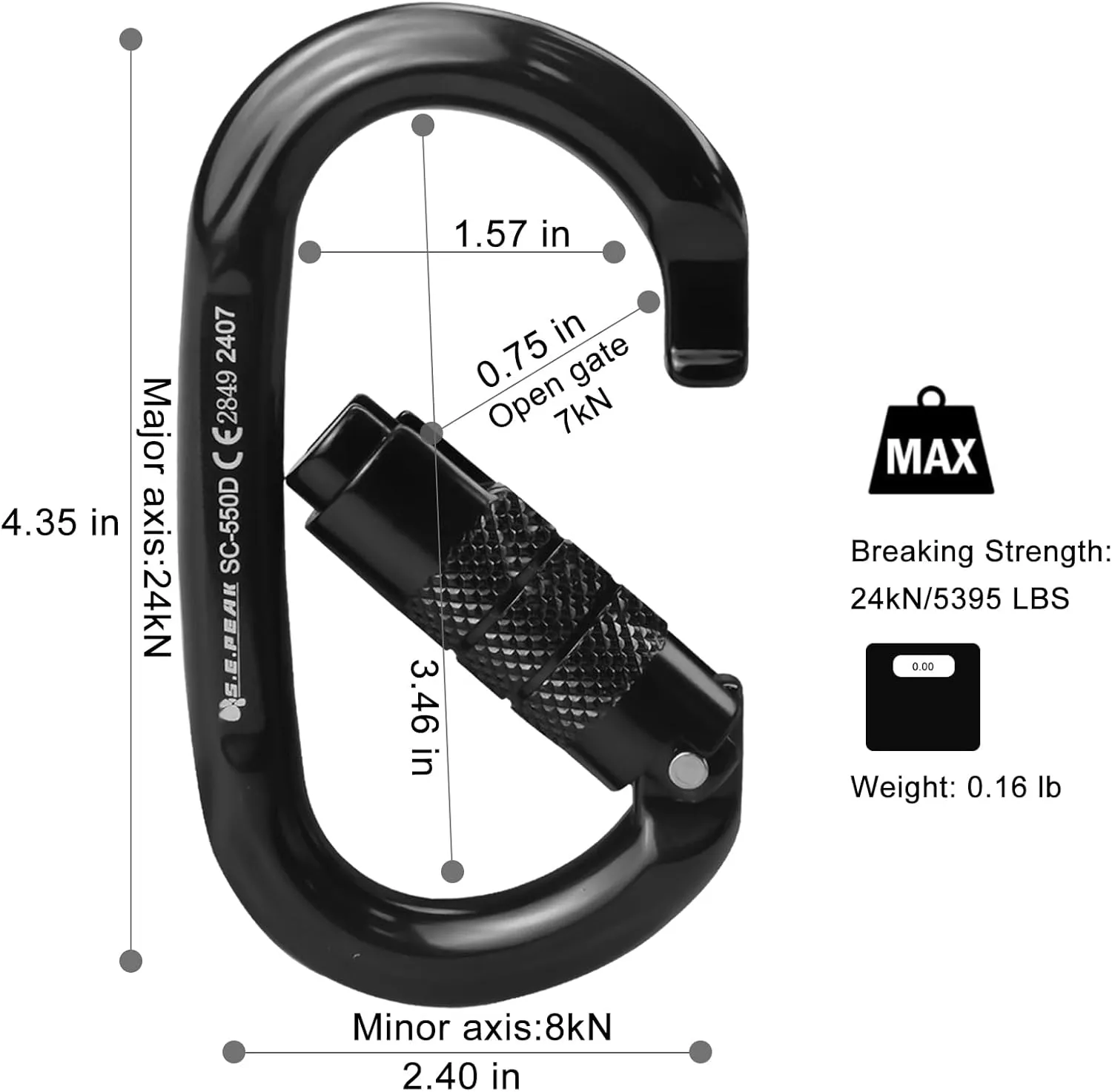 CE 24kN Oval Climbing Screwgate Clip for Outdoor Activities, Stormproof, Hiking, Mountaineering, Climbing, Camping, Fishing, Hunting, Skiing, Snowshoeing