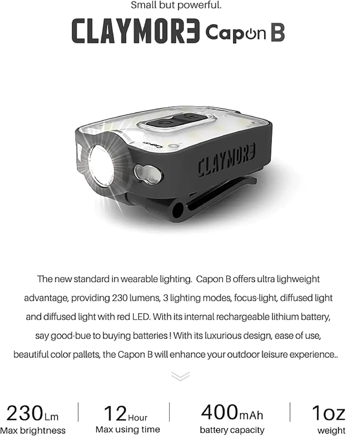 Claymore Capon 40B (Red) - LED Rechargeable Clip-On Cap Headlamp, Lightweight Hat Light for Camping, Running, Hiking, Emergency & Industrial Use, Waterproof, USB-C, Up to 12 Hours of Battery Life.