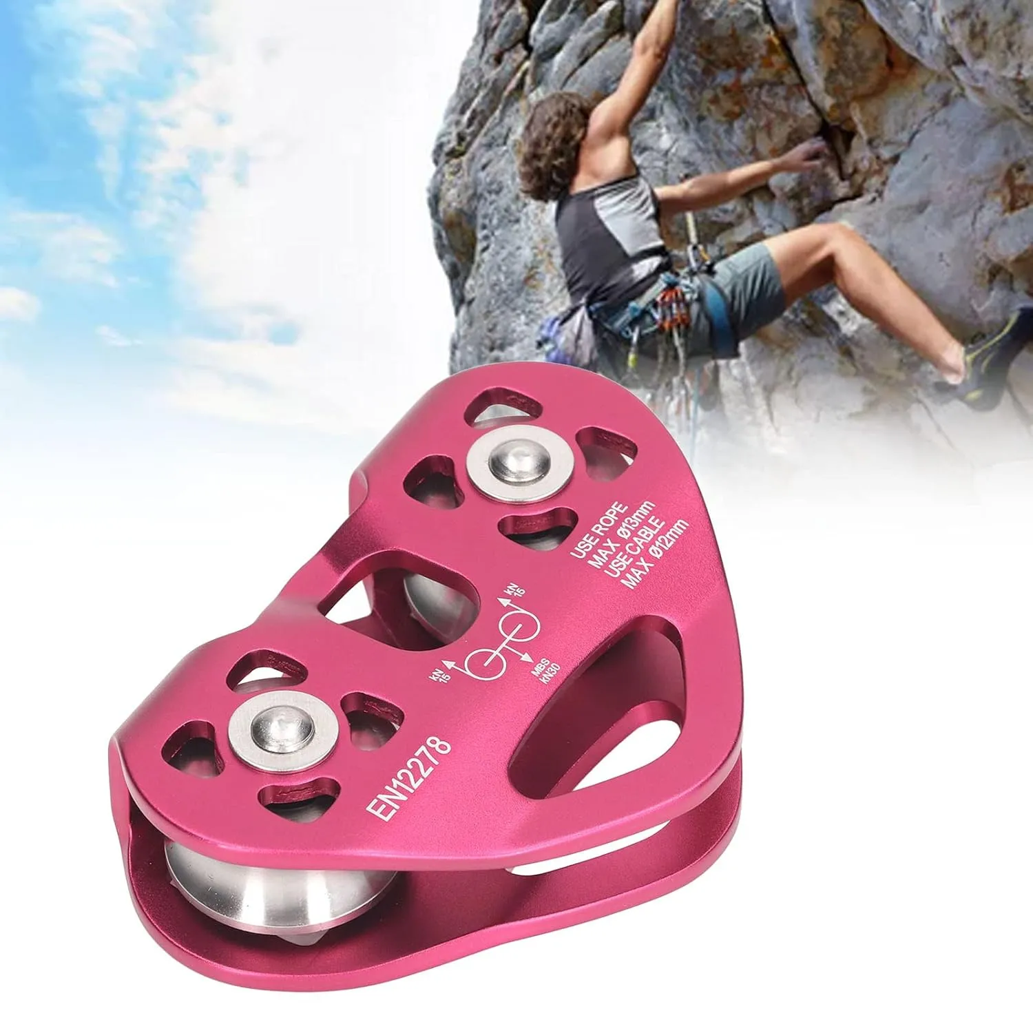 Climbing Pulley Aviation Aluminum Double Shaft Climbing Sheave Pulley Rock Climbing Accessory Outdoor Climbing Pulley Block Wine Red for Mountaineering (2)