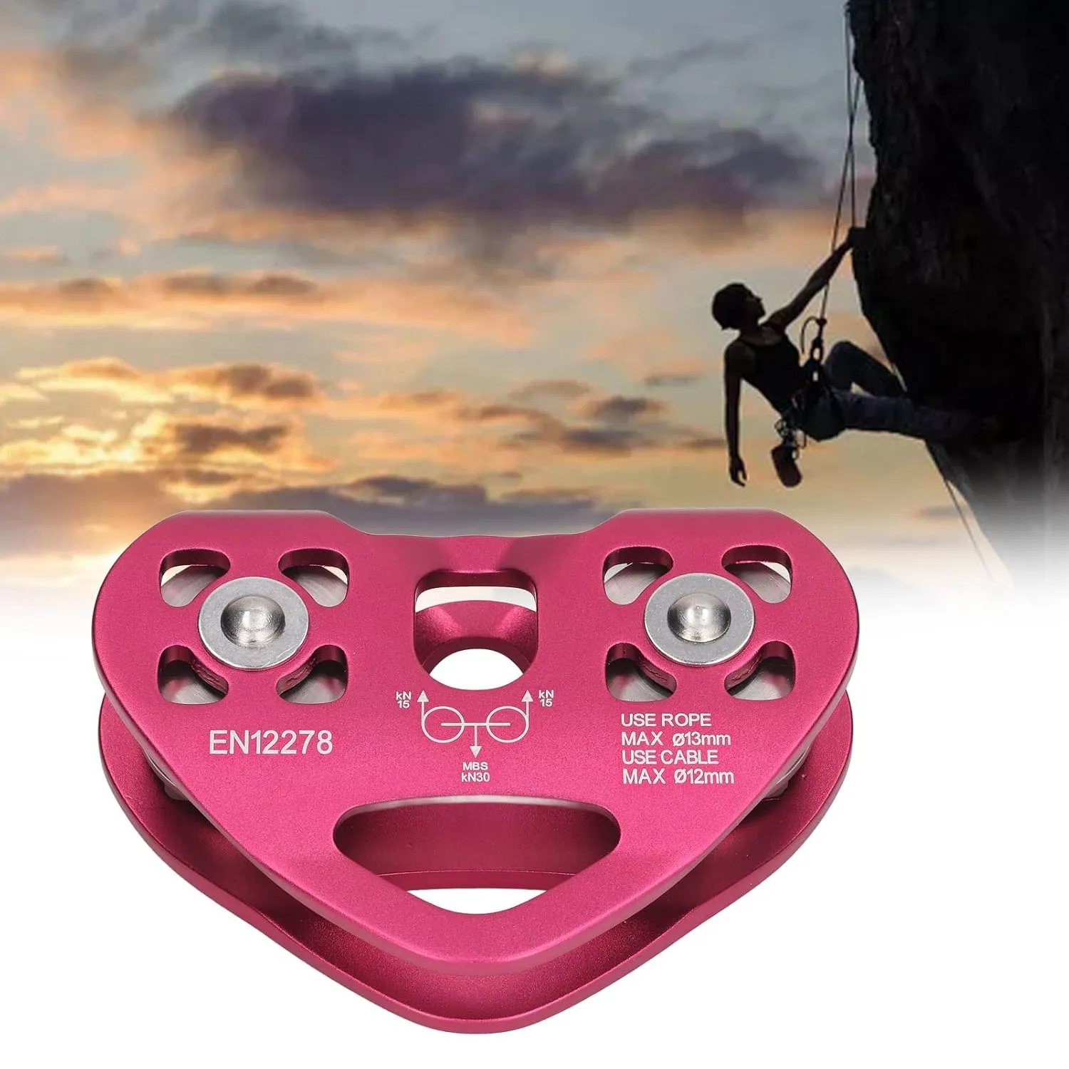 Climbing Pulley Aviation Aluminum Double Shaft Climbing Sheave Pulley Rock Climbing Accessory Outdoor Climbing Pulley Block Wine Red for Mountaineering (2)