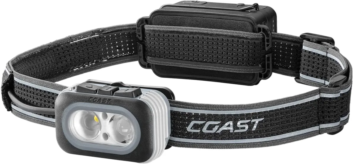 Coast RL20RB 1000 Lumen Tri-Color LED Rerchargeable Headlamp with Included Extra Power Pack, Flood and Spot Beams, Variable Light Control, Red/Green Modes