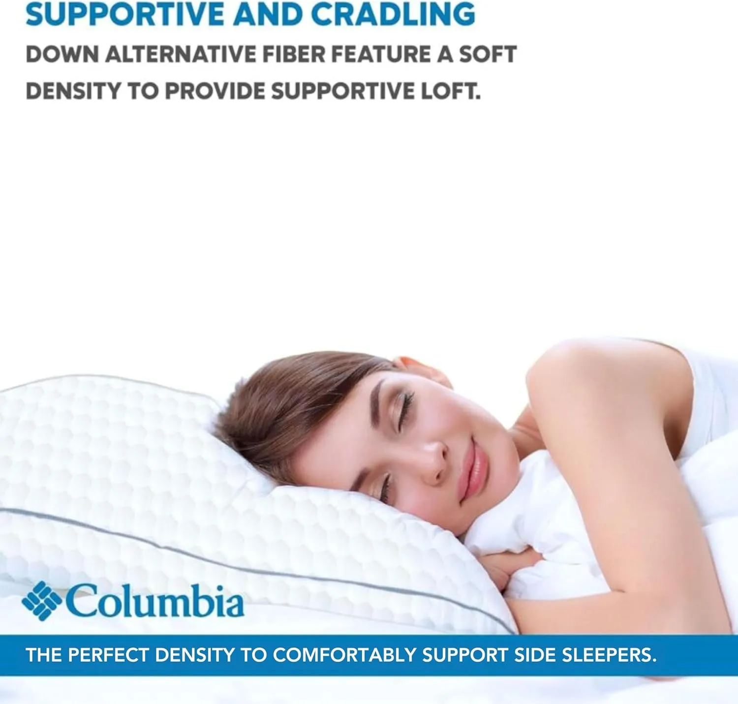 Columbia Comfort Ice Fiber Side Sleeper Down Alternative Bed Pillow with Polyester Fiberfill, Supportive and Cozy Instant Cooling Double Sided Breathable Cover, White, Standard/Queen Pack of 1