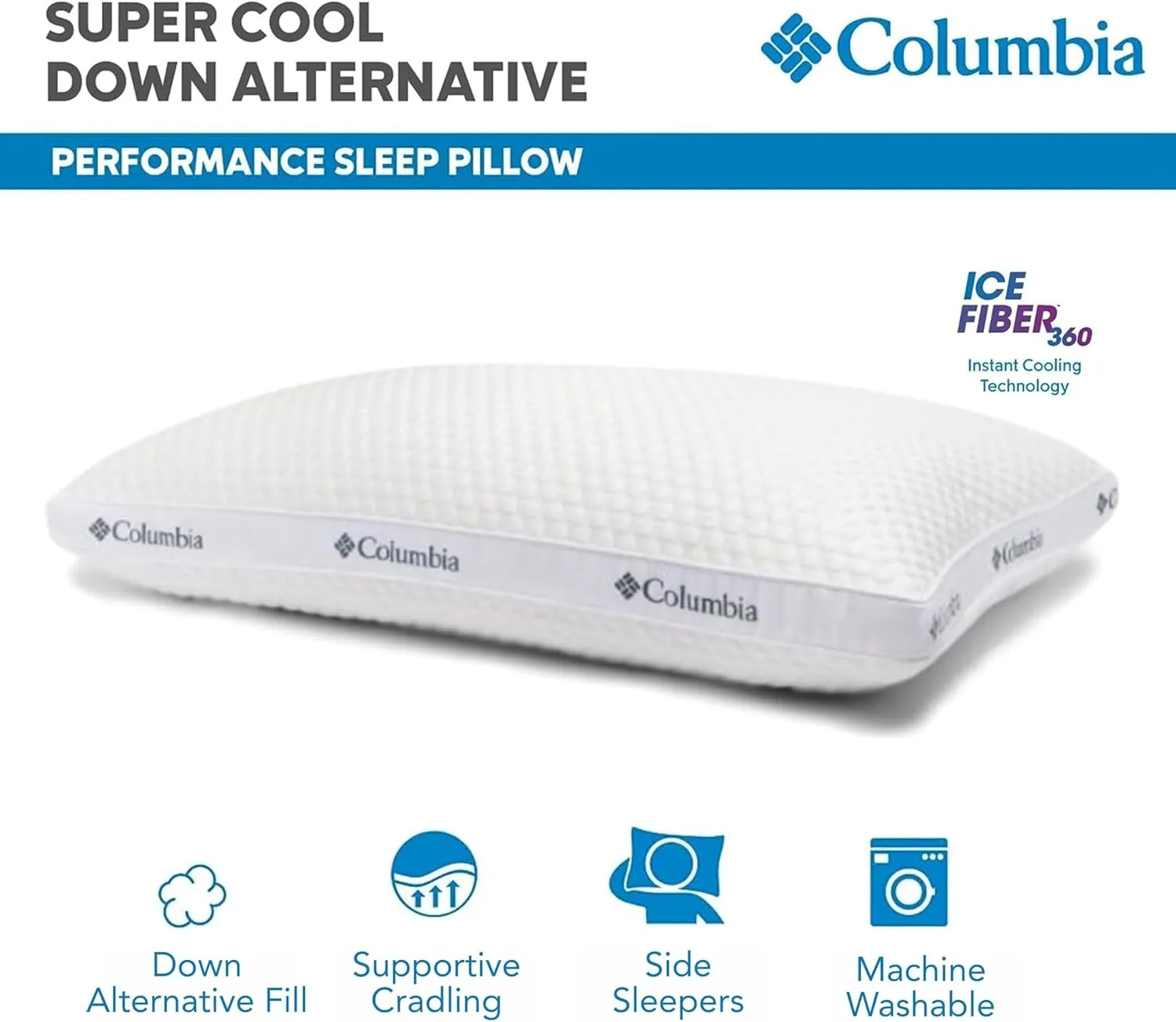 Columbia Comfort Ice Fiber Side Sleeper Down Alternative Bed Pillow with Polyester Fiberfill, Supportive and Cozy Instant Cooling Double Sided Breathable Cover, White, Standard/Queen Pack of 1