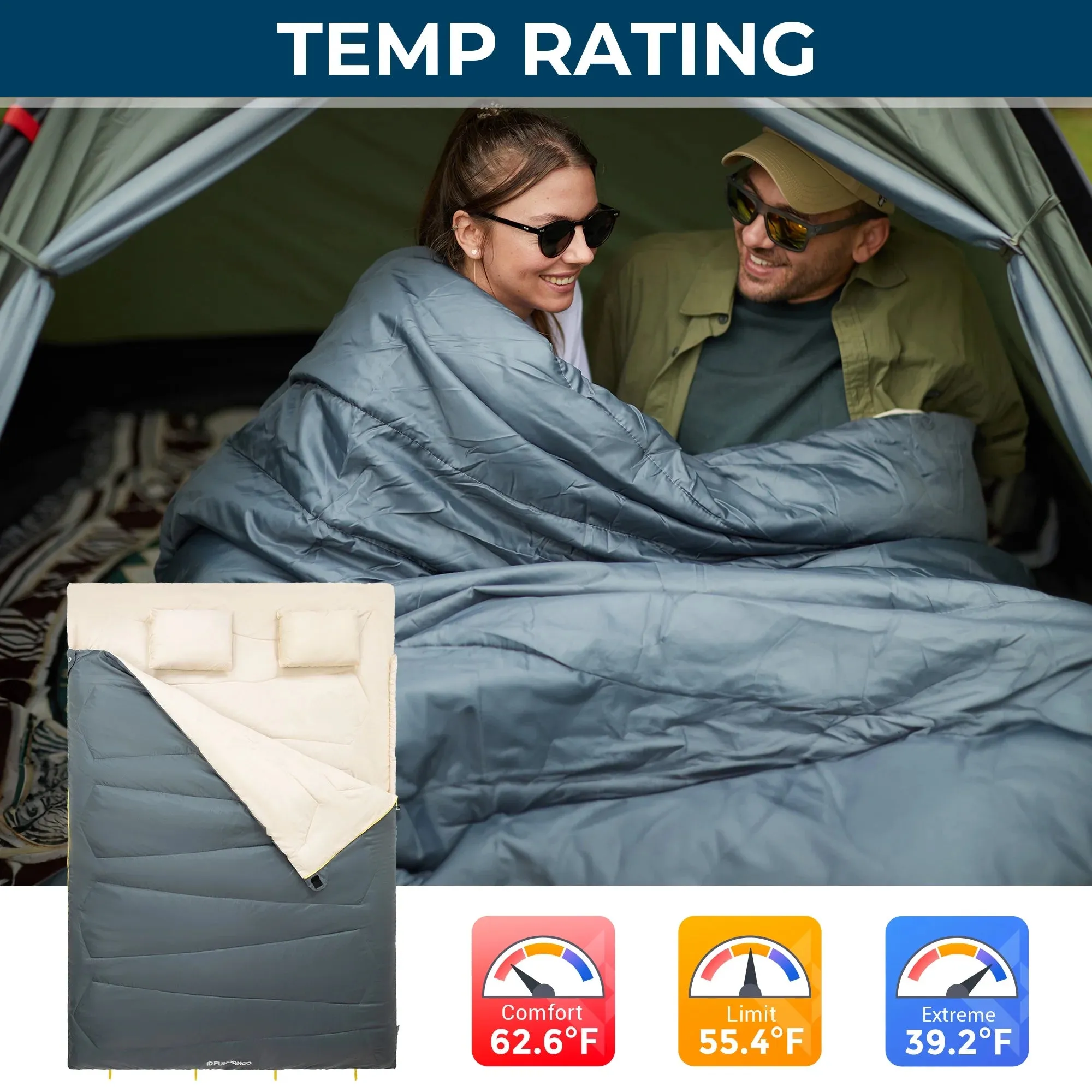 Convertible Sleeping Bag | Grey Double Bag with 2 Pillows | 19.6" x 10.6" Compact Storage with 190T Shell