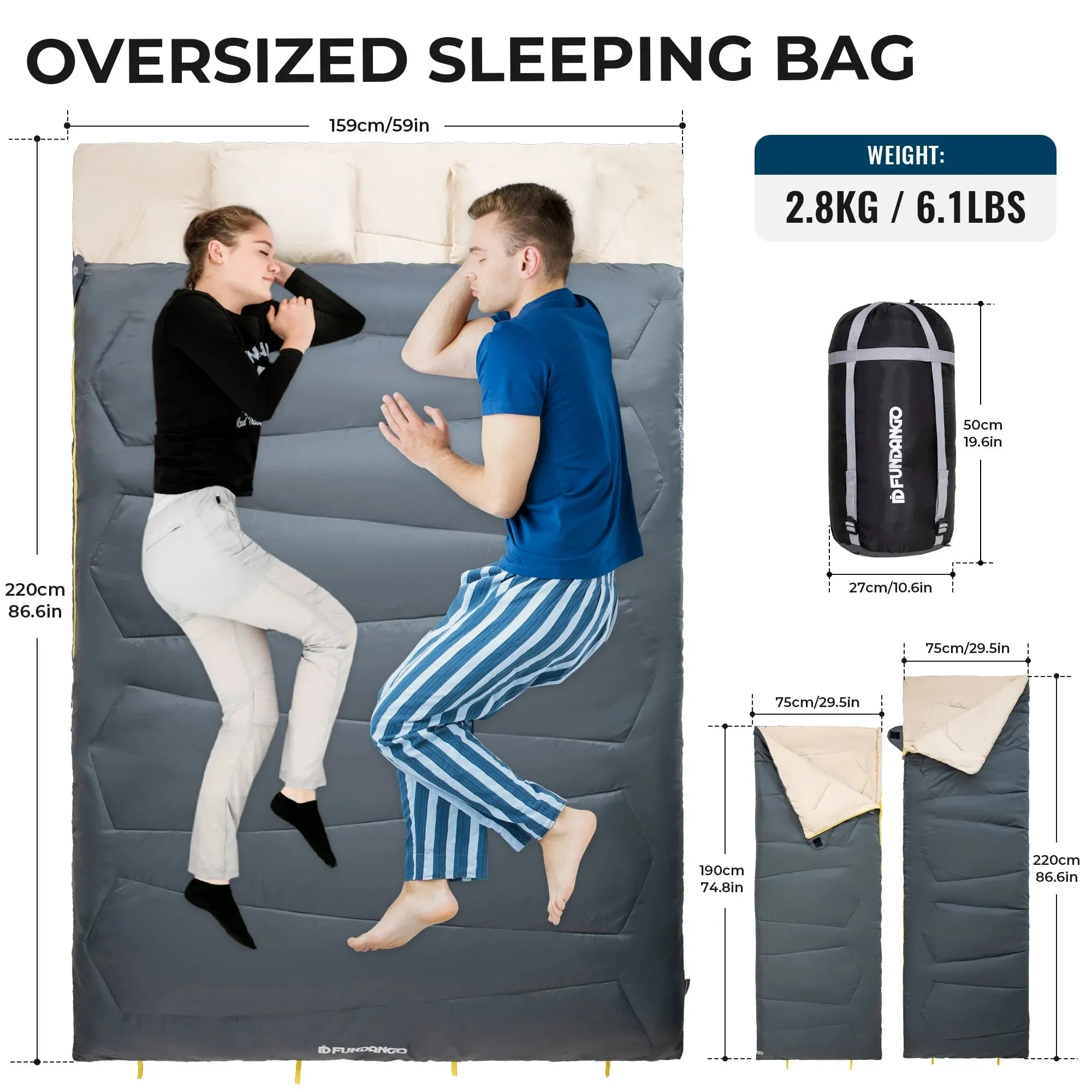 Convertible Sleeping Bag | Grey Double Bag with 2 Pillows | 19.6" x 10.6" Compact Storage with 190T Shell
