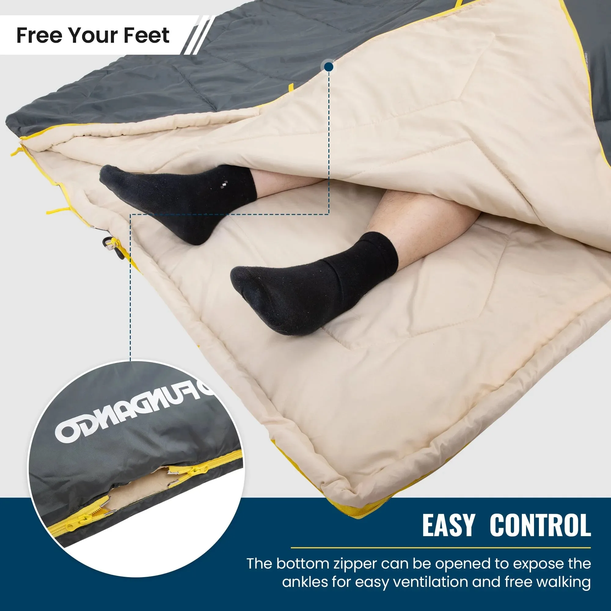 Convertible Sleeping Bag | Grey Double Bag with 2 Pillows | 19.6" x 10.6" Compact Storage with 190T Shell