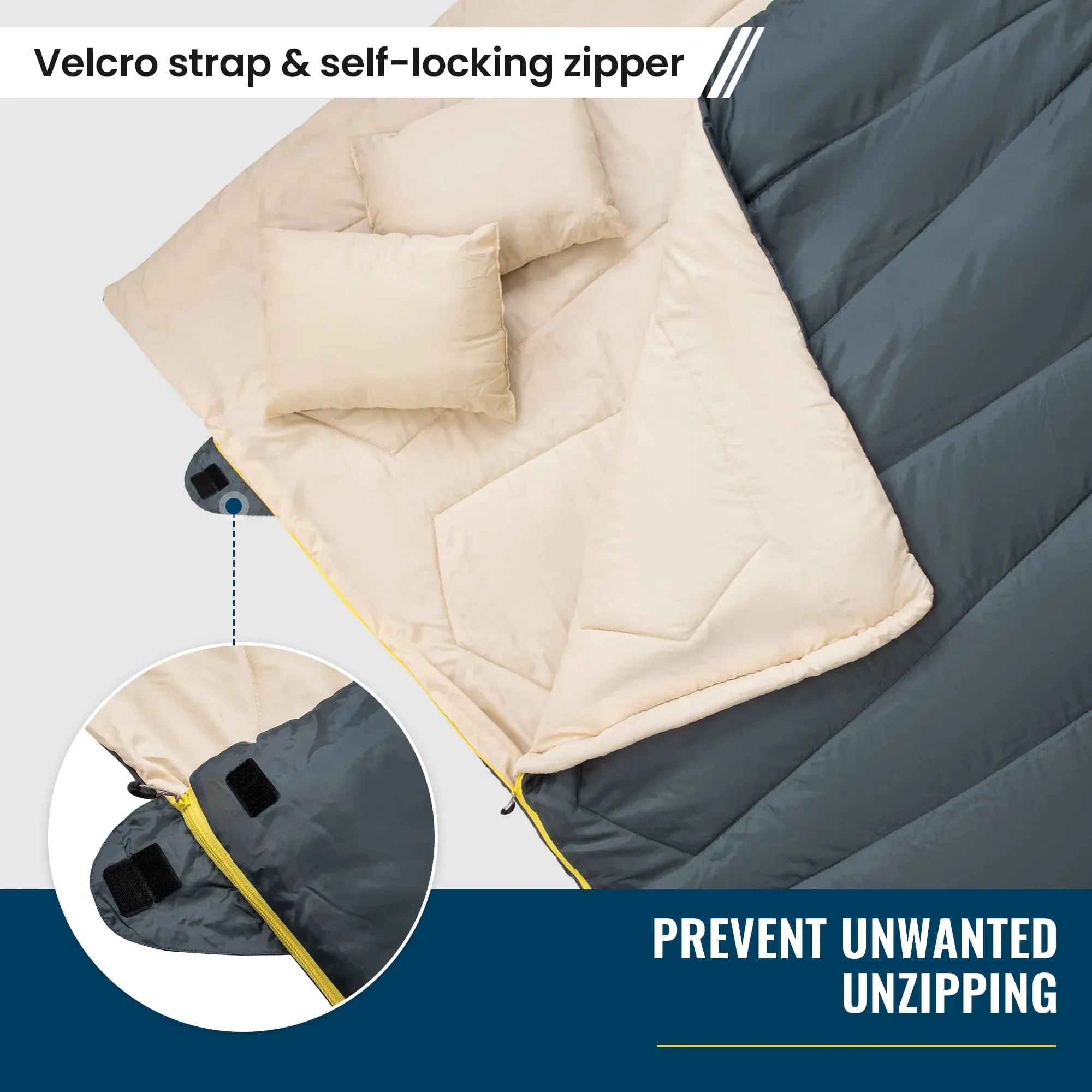 Convertible Sleeping Bag | Grey Double Bag with 2 Pillows | 19.6" x 10.6" Compact Storage with 190T Shell