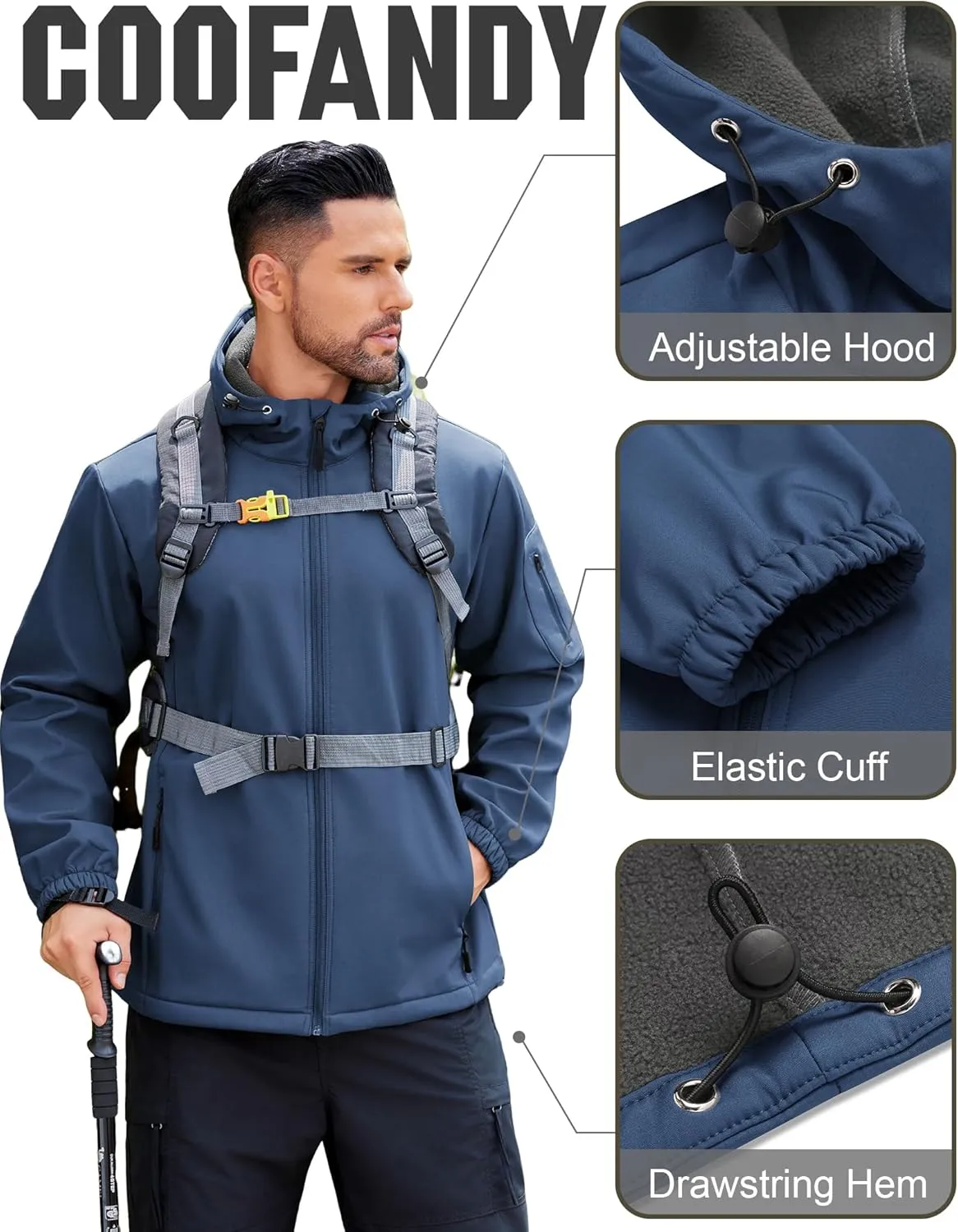 COOFANDY Men's Hooded Softshell Jacket Waterproof Fleece Lined Windbreaker Lightweight Outdoor Hiking Jacket