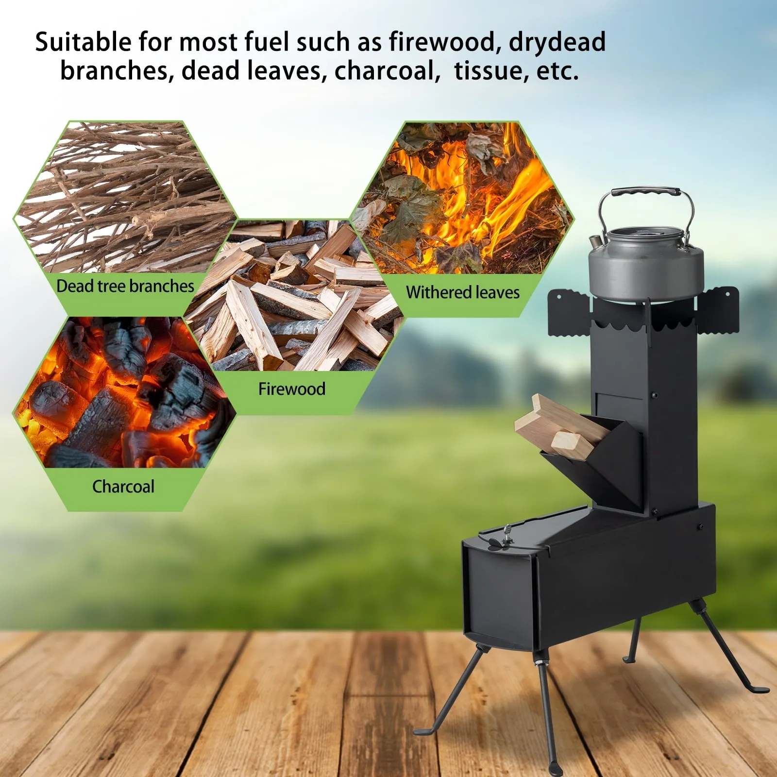 COOKCOK Camping rocket stove, Foldable, 9.44"D x 17"W x 21.3"H, Alloy Steel, Black