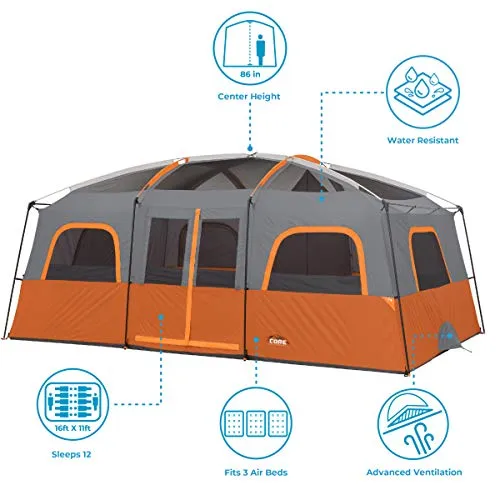 Core 12-Person Multi-Room Camping Tent for Large Familes: Height 8'2",