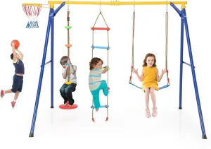 Costzon 660 lbs Swing Sets for Backyard, 4-in-1 Heavy Duty Large Metal Swing Frame with Adjustable Swing, Basketball Hoop, Climbing Rope, Climbing Ladder, Outdoor Playground Playset, Gift for Kids