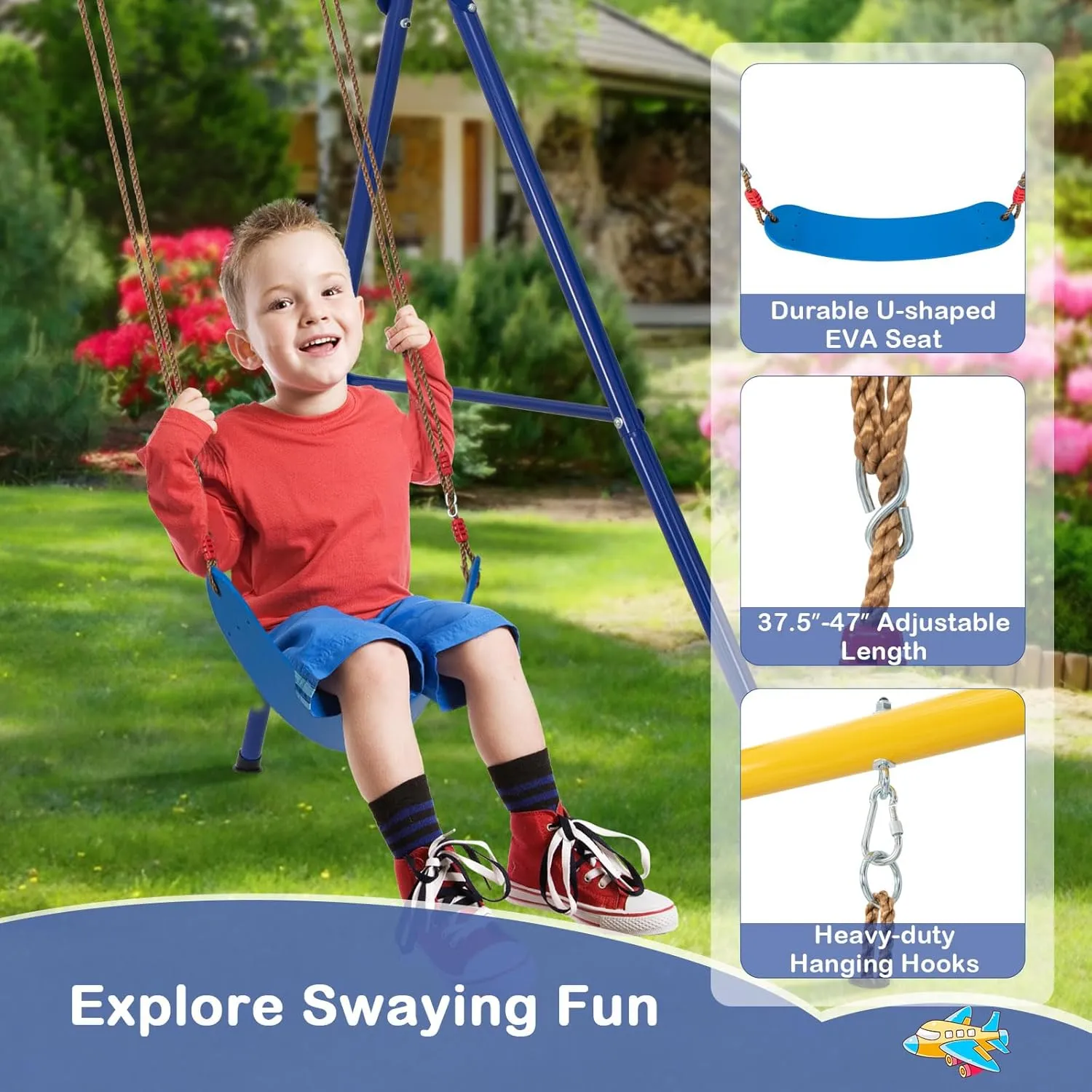 Costzon 660 lbs Swing Sets for Backyard, 4-in-1 Heavy Duty Large Metal Swing Frame with Adjustable Swing, Basketball Hoop, Climbing Rope, Climbing Ladder, Outdoor Playground Playset, Gift for Kids