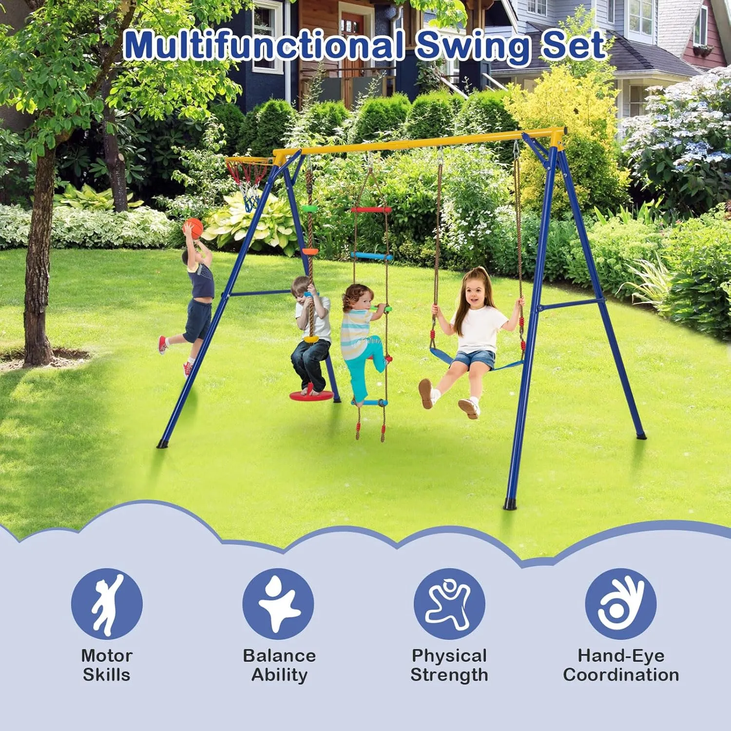 Costzon 660 lbs Swing Sets for Backyard, 4-in-1 Heavy Duty Large Metal Swing Frame with Adjustable Swing, Basketball Hoop, Climbing Rope, Climbing Ladder, Outdoor Playground Playset, Gift for Kids