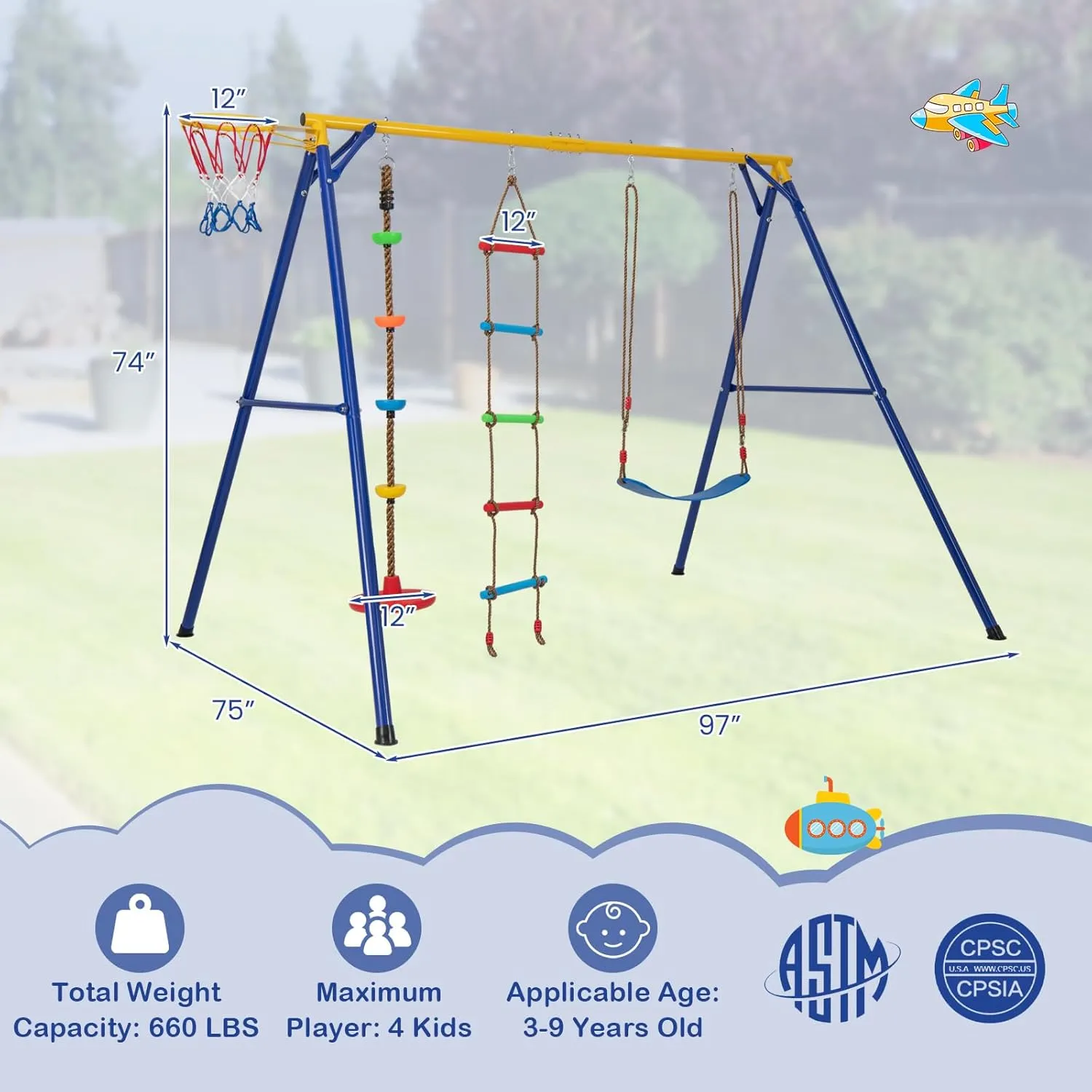 Costzon 660 lbs Swing Sets for Backyard, 4-in-1 Heavy Duty Large Metal Swing Frame with Adjustable Swing, Basketball Hoop, Climbing Rope, Climbing Ladder, Outdoor Playground Playset, Gift for Kids