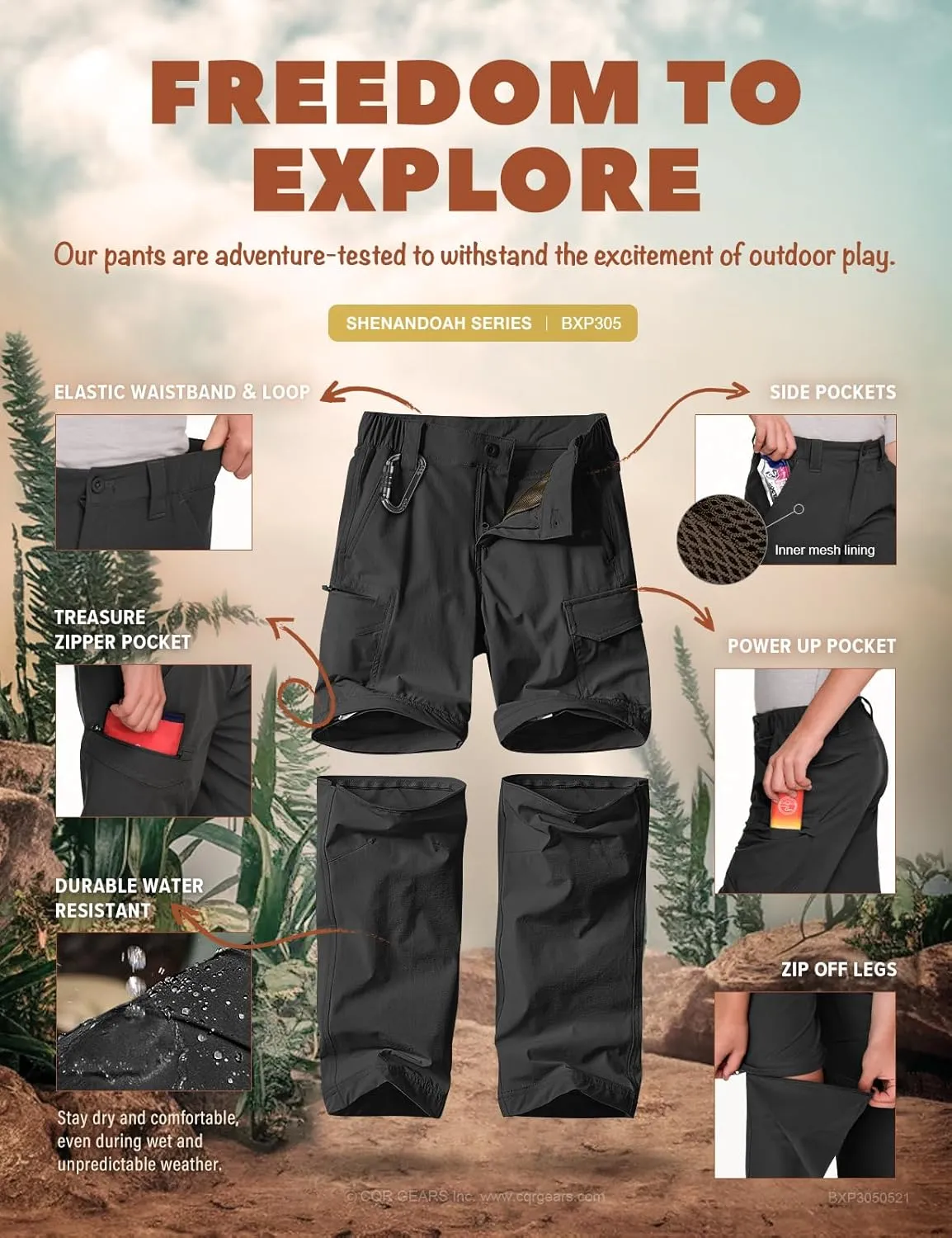 CQR Kids Youth Hiking Cargo Pants, UPF 50  Quick Dry Convertible Zip Off Pants, Outdoor Camping Pants