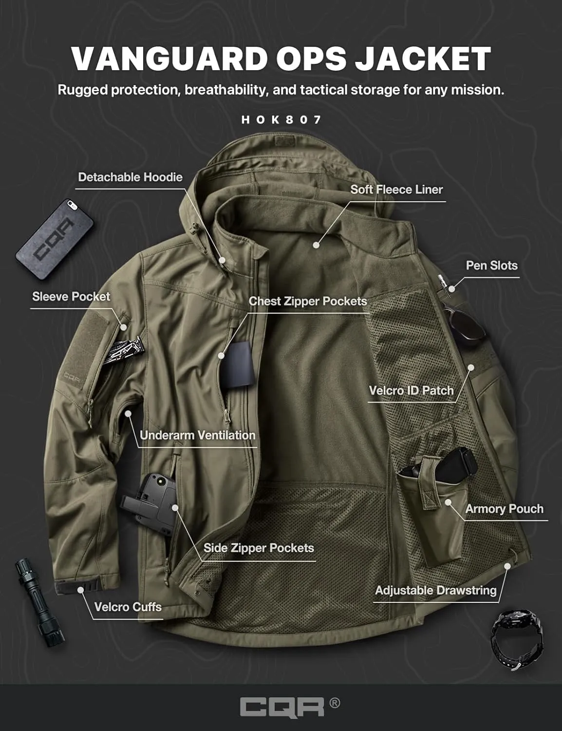 CQR Men's Fleece Lined Tactical Softshell Jackets, Lightweight Water Resistant Hunting Hiking Jacket, Winter Outdoor Jacket
