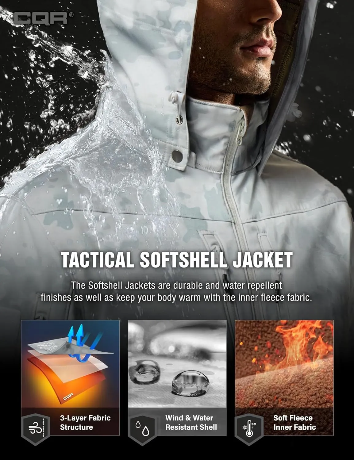 CQR Men's Fleece Lined Tactical Softshell Jackets, Lightweight Water Resistant Hunting Hiking Jacket, Winter Outdoor Jacket