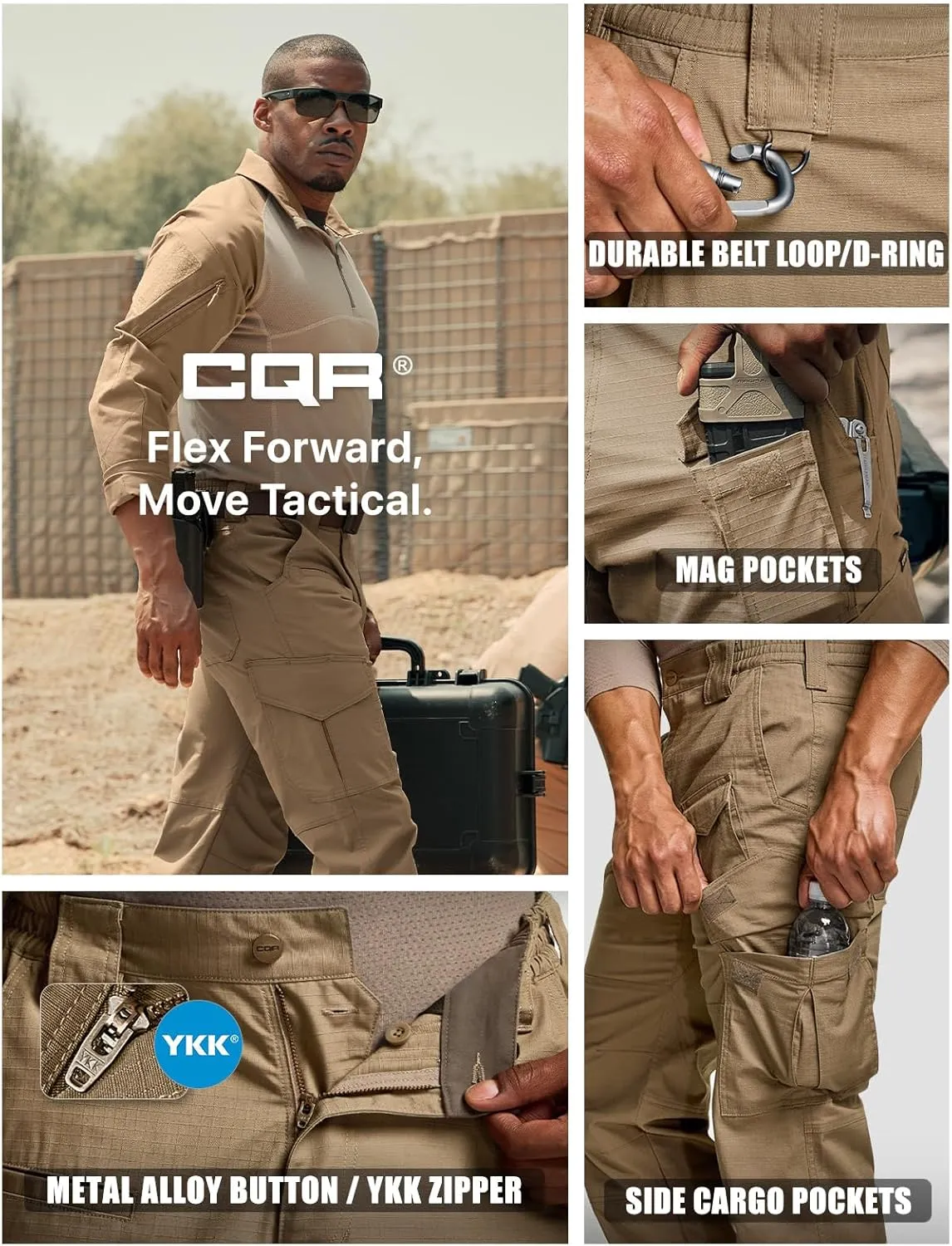 CQR Men's Flex Ripstop Tactical Pants, Water Resistant Stretch Cargo Pants, Lightweight EDC Hiking Work Pants