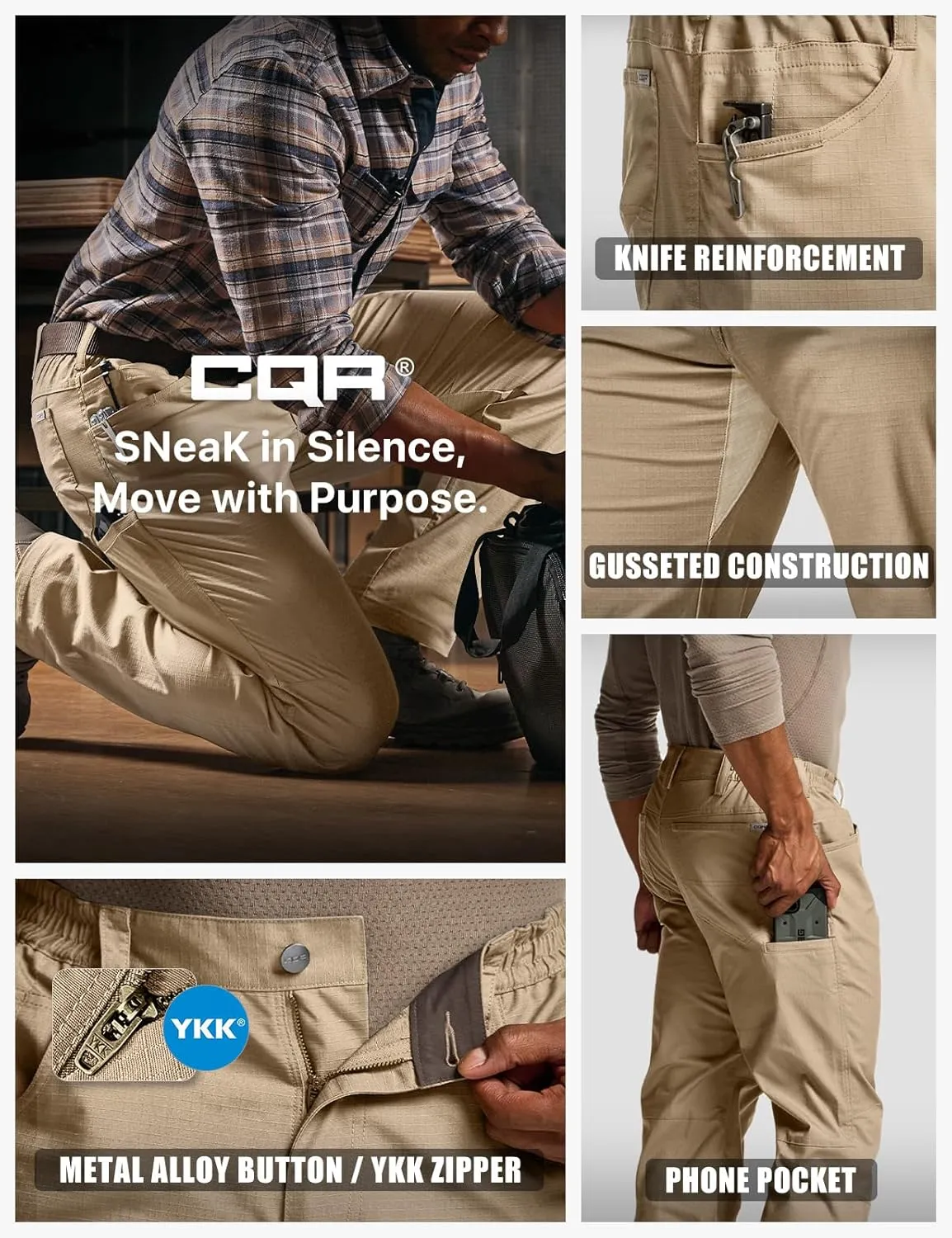 CQR Men's Flex Stretch Tactical Pants, Water Resistant Ripstop Cargo Pants, Lightweight EDC Outdoor Work Hiking Pants
