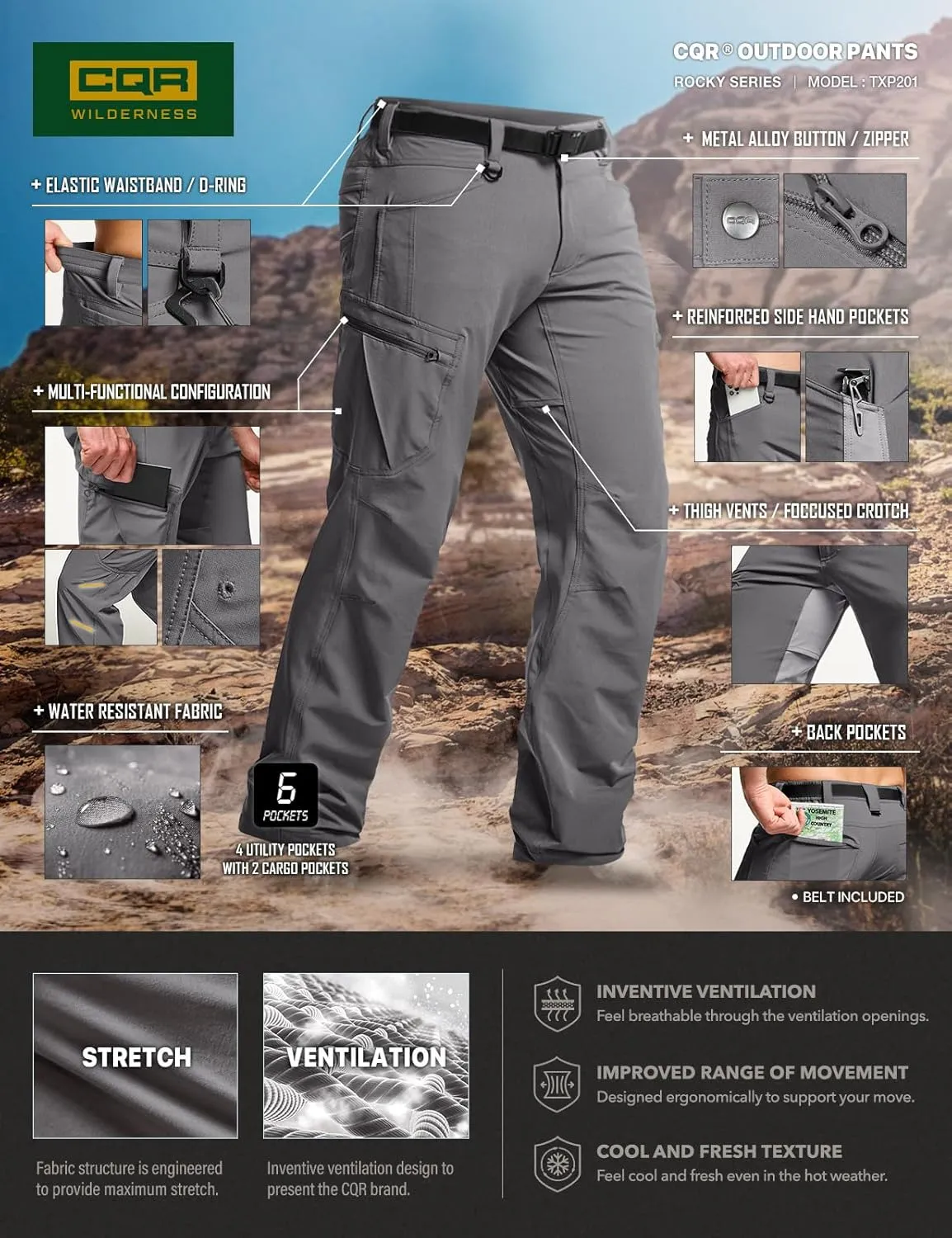 CQR Men's Quick Dry Tactical Pants, Water Resistant Outdoor Pants, Lightweight Stretch Cargo Work Hiking Pants