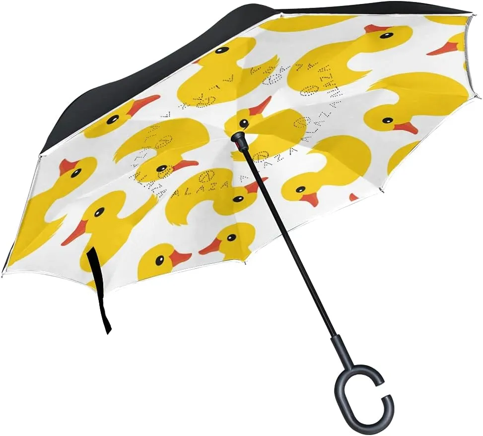 Cute Ducks Reverse Inverted Inside Out Umbrella Cars Unigue Windproof UV Proof Double Layer for Women