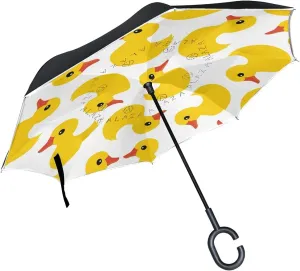 Cute Ducks Reverse Inverted Inside Out Umbrella Cars Unigue Windproof UV Proof Double Layer for Women