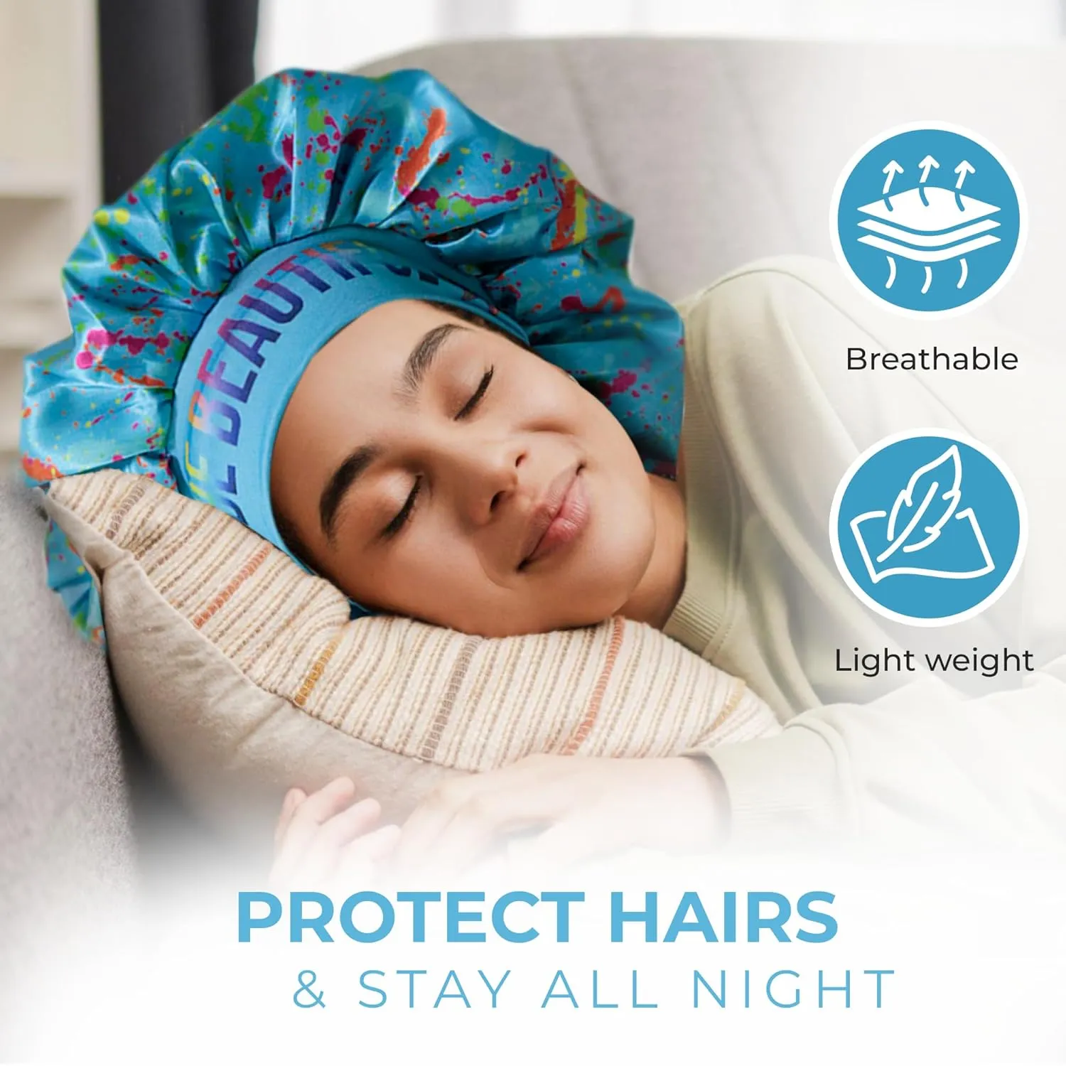 Discover reversible premium double layer silk satin sleeping bonnets designed for hair protection, moisture retention, and all-night comfort. Keep your hair healthy and frizz-free-blue