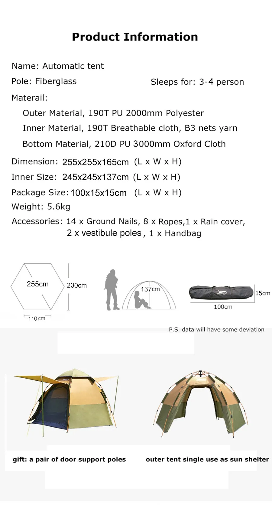 Dome Automatic Tent ,3-4 Person