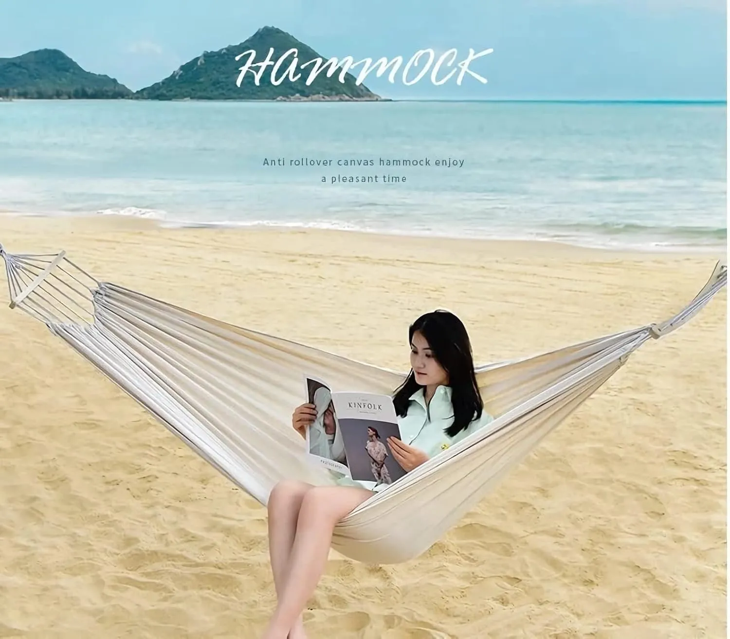 Double Brazilian Hammock 2 Person Canvas Cotton Fabric Hammock with Trees Strap for Patio Garden Balcony Porch Backyard Outdoor and Indoor (White)