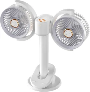 Double Head Clamp Fan with LED Night Light，4 Speed Quiet Brushless Motor, Timer, Dual Control，Desk Fan for Home Office, Camping, Bedroom with Adjustable Clamp Mount,Whisper Quiet Cooling