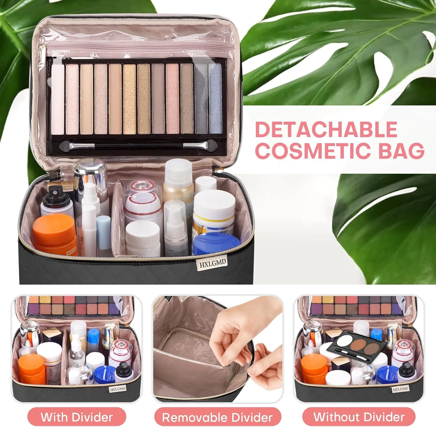 Double Layer Travel Makeup Bag Women, Cosmetic Organizer Case, Travel Essentials Accessories with Shoulder Strap for Bottles, Brushes, Conditioner, Skin Care Products, Black
