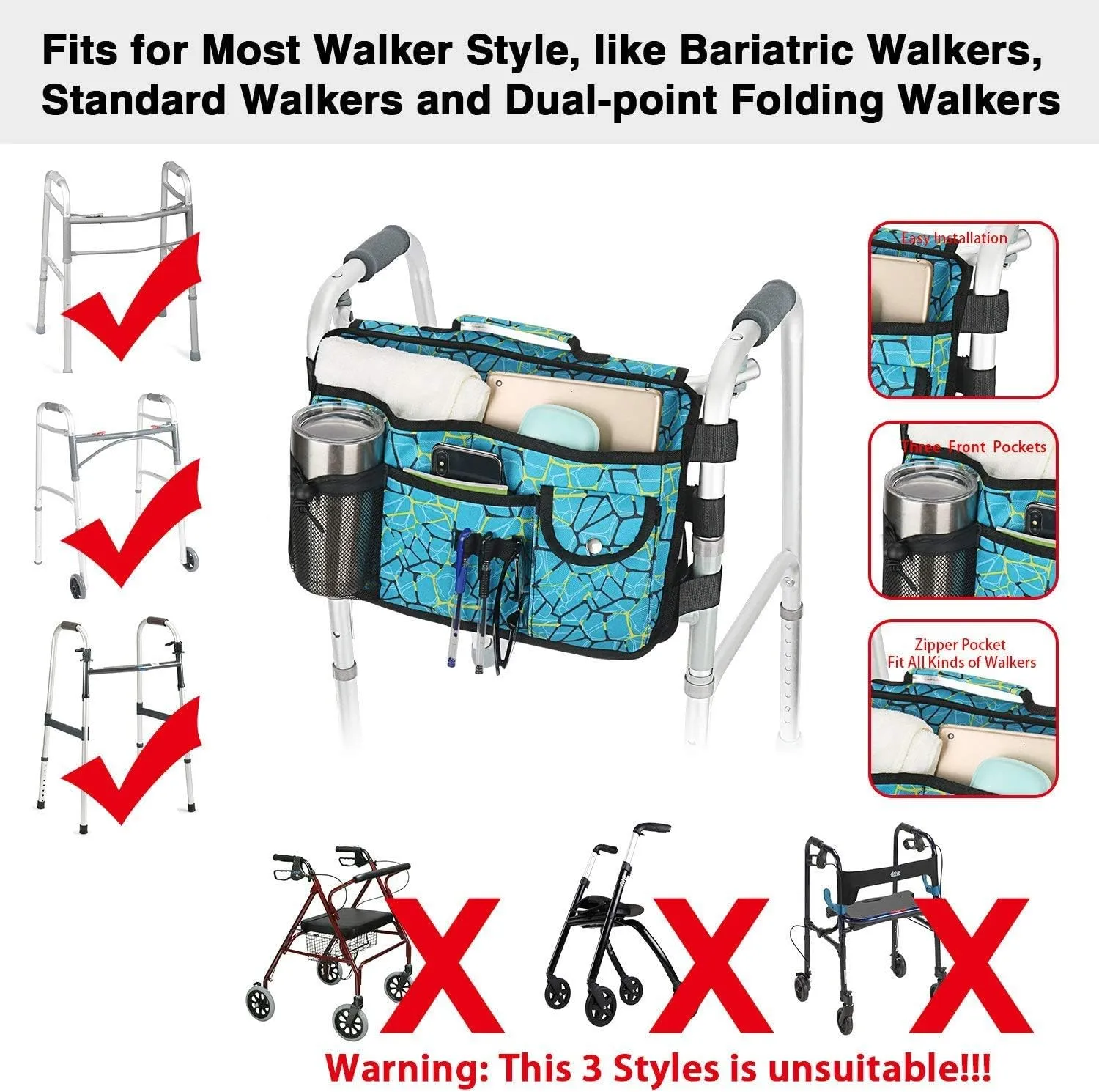 Double Sided Walker Bag, Organizer Pouch Tote for Rollator and Folding Walker (Plaidblue)
