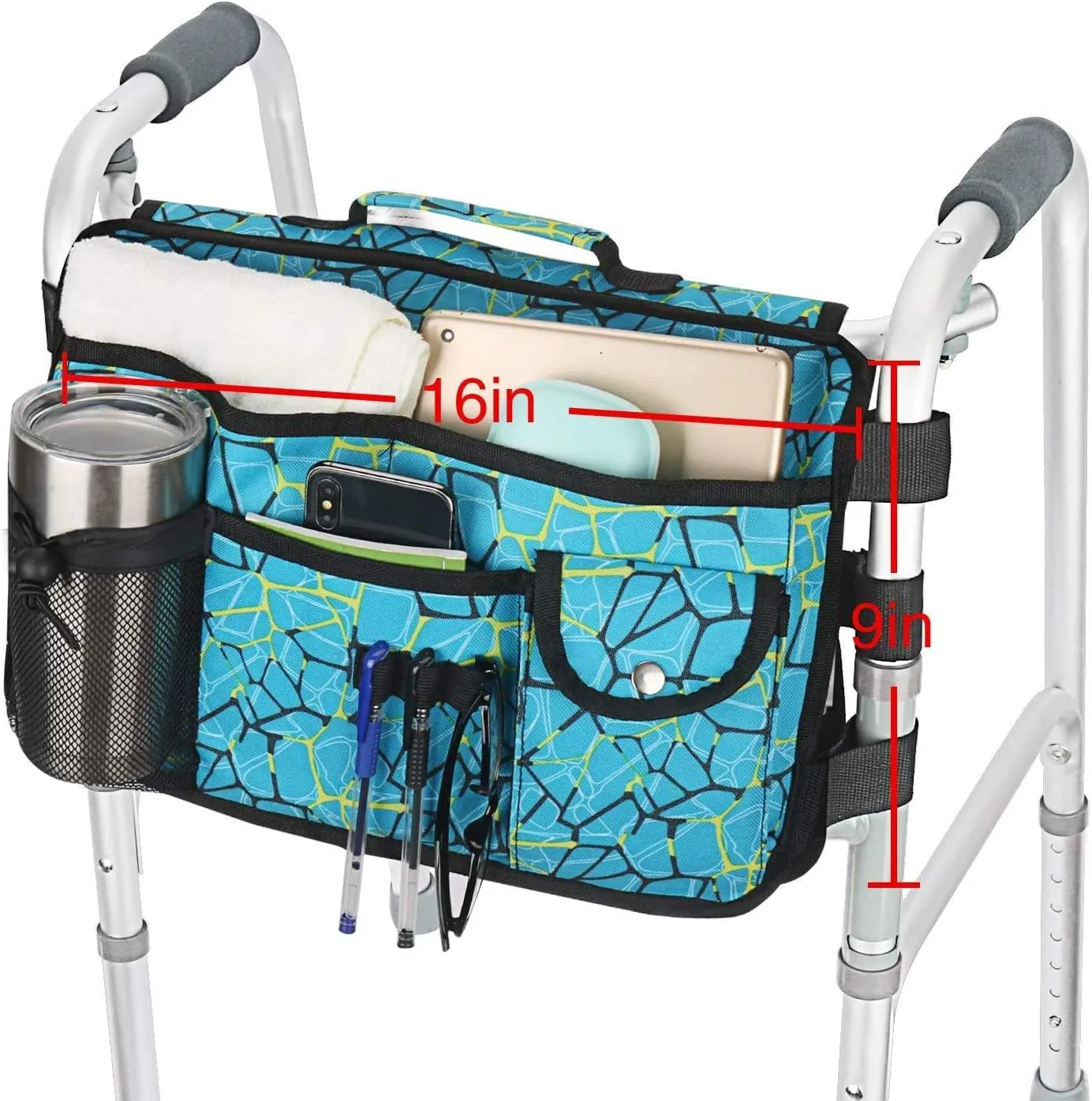 Double Sided Walker Bag, Organizer Pouch Tote for Rollator and Folding Walker (Plaidblue)
