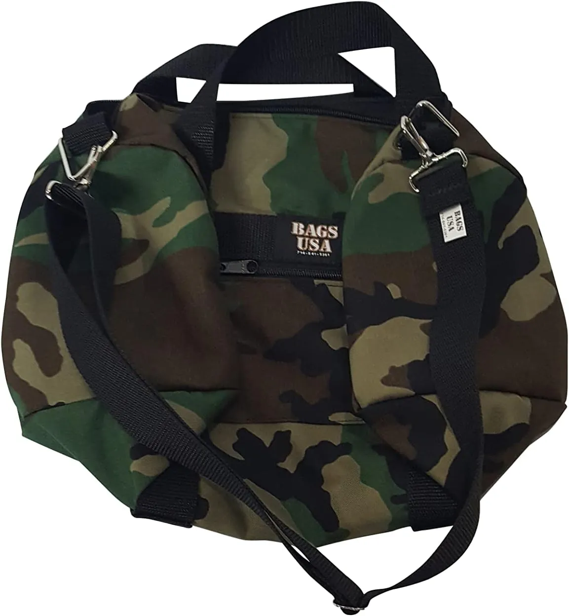 Duffle Bag Or Gym Bag With Front Pocket For Keys, Id, Made In USA. (Camouflage Woodland)
