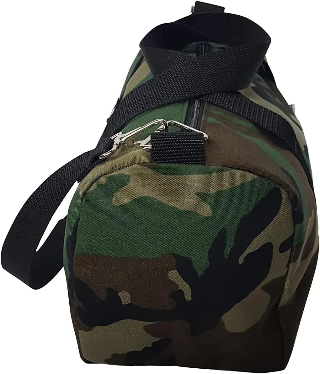 Duffle Bag Or Gym Bag With Front Pocket For Keys, Id, Made In USA. (Camouflage Woodland)