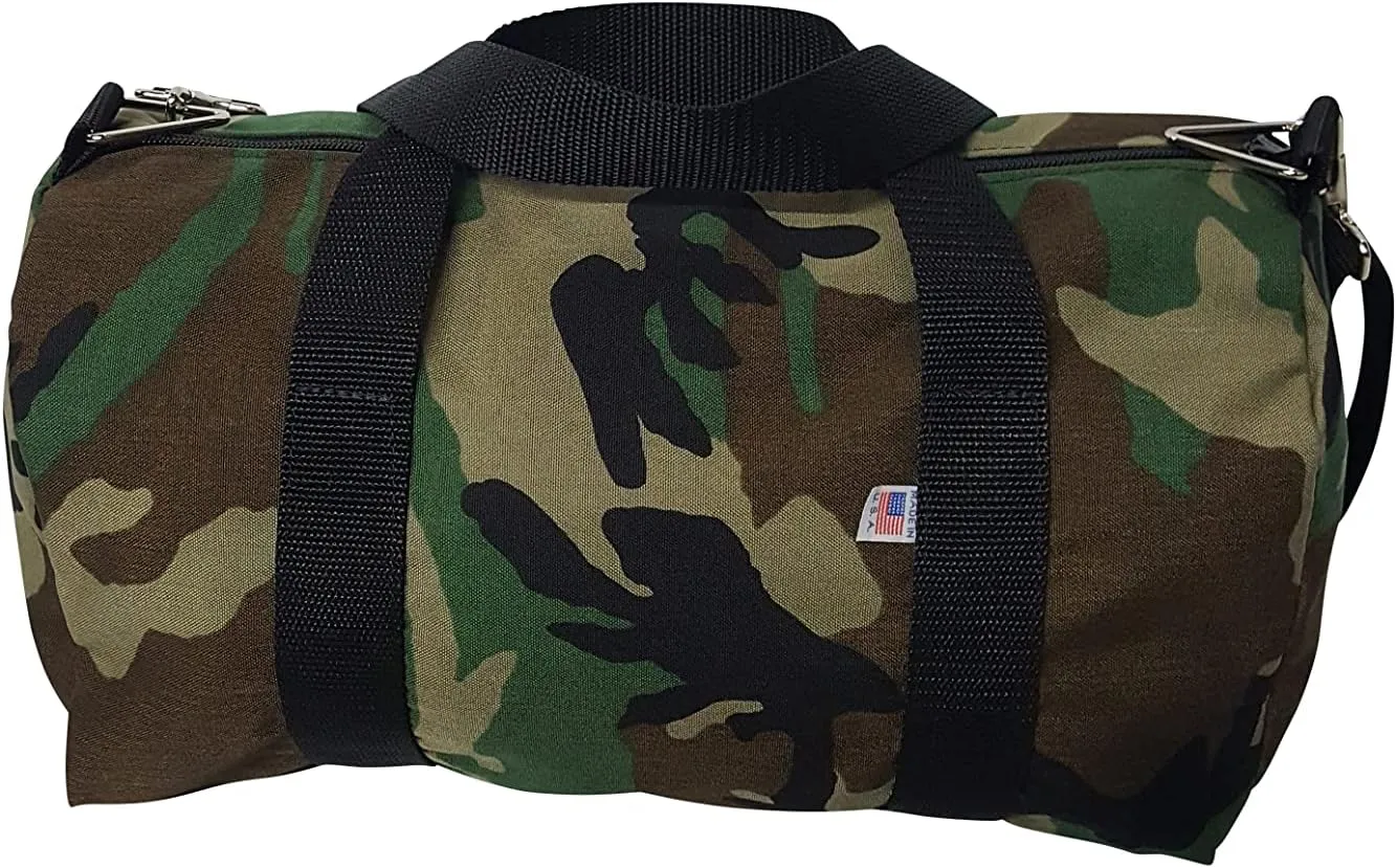 Duffle Bag Or Gym Bag With Front Pocket For Keys, Id, Made In USA. (Camouflage Woodland)