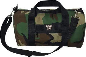 Duffle Bag Or Gym Bag With Front Pocket For Keys, Id, Made In USA. (Camouflage Woodland)