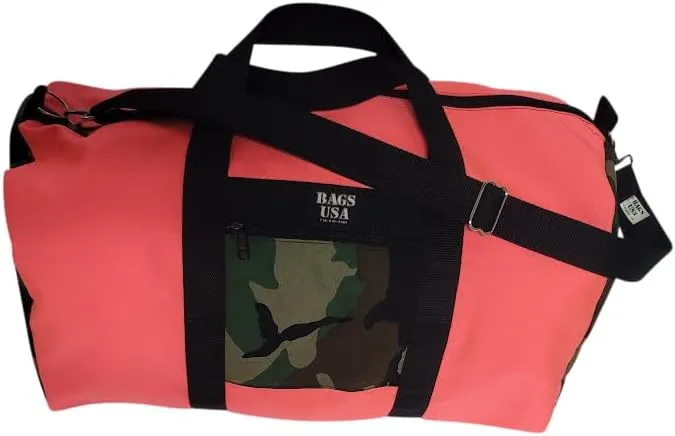 Duffle Bag Or Gym Bag With Front Pocket For Keys, Id, Made In USA. (Coral/Camouflage)