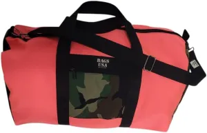 Duffle Bag Or Gym Bag With Front Pocket For Keys, Id, Made In USA. (Coral/Camouflage)
