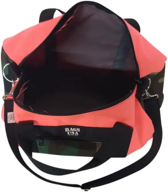 Duffle Bag Or Gym Bag With Front Pocket For Keys, Id, Made In USA. (Coral/Camouflage)