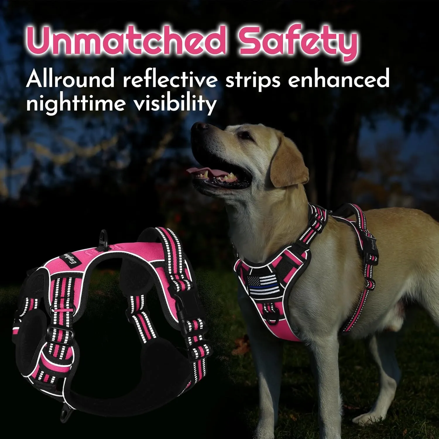 Eagloo Dog Harness for Large Dogs, Easy Wearing with 3 Buckles, Adjustable No Pull Pet Harness with 2 Rings for Walking, No Chock Reflective Soft Padded Vest with Control Handle, Pink & Black, L