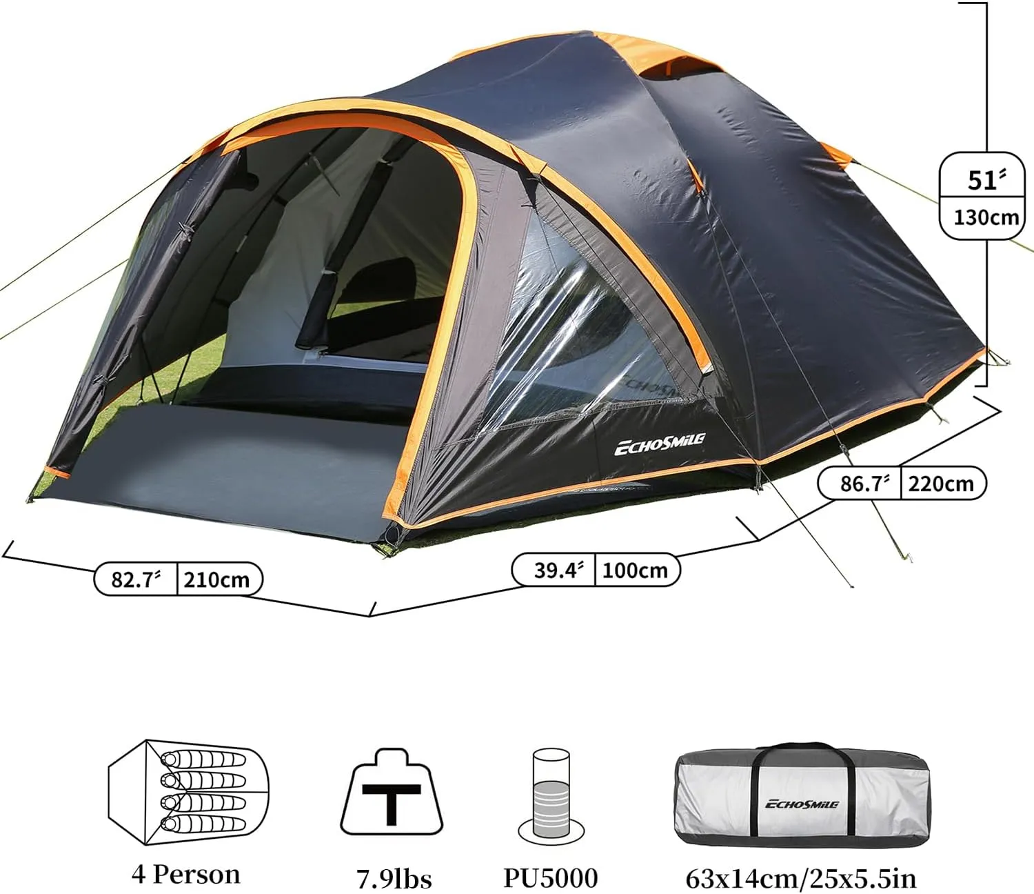EchoSmile 4-Person Camping Tent with Clear Windows – Easy Setup Lightweight Shelter with Rainfly
