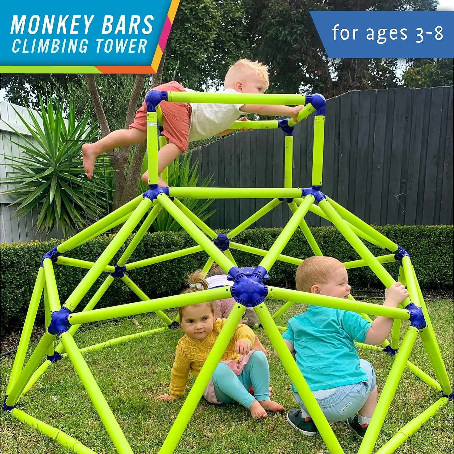 Eezy Peezy Monkey Bars Climbing Tower - Active Indoor Outdoor Play Set Climbing Dome Equipment Toys - Fun for Kids Ages 3 to 8 Years Old, Green and Blue