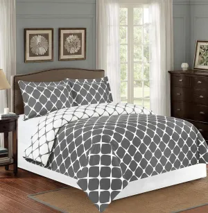 Elegant Comfort Luxury 3-Piece Reversible Duvet Cover Set - 1500 Premium Hotel Quality Microfiber Bloomingdale Pattern - Comforter Cover with Button Closure and Shams, Full/Queen,Grey