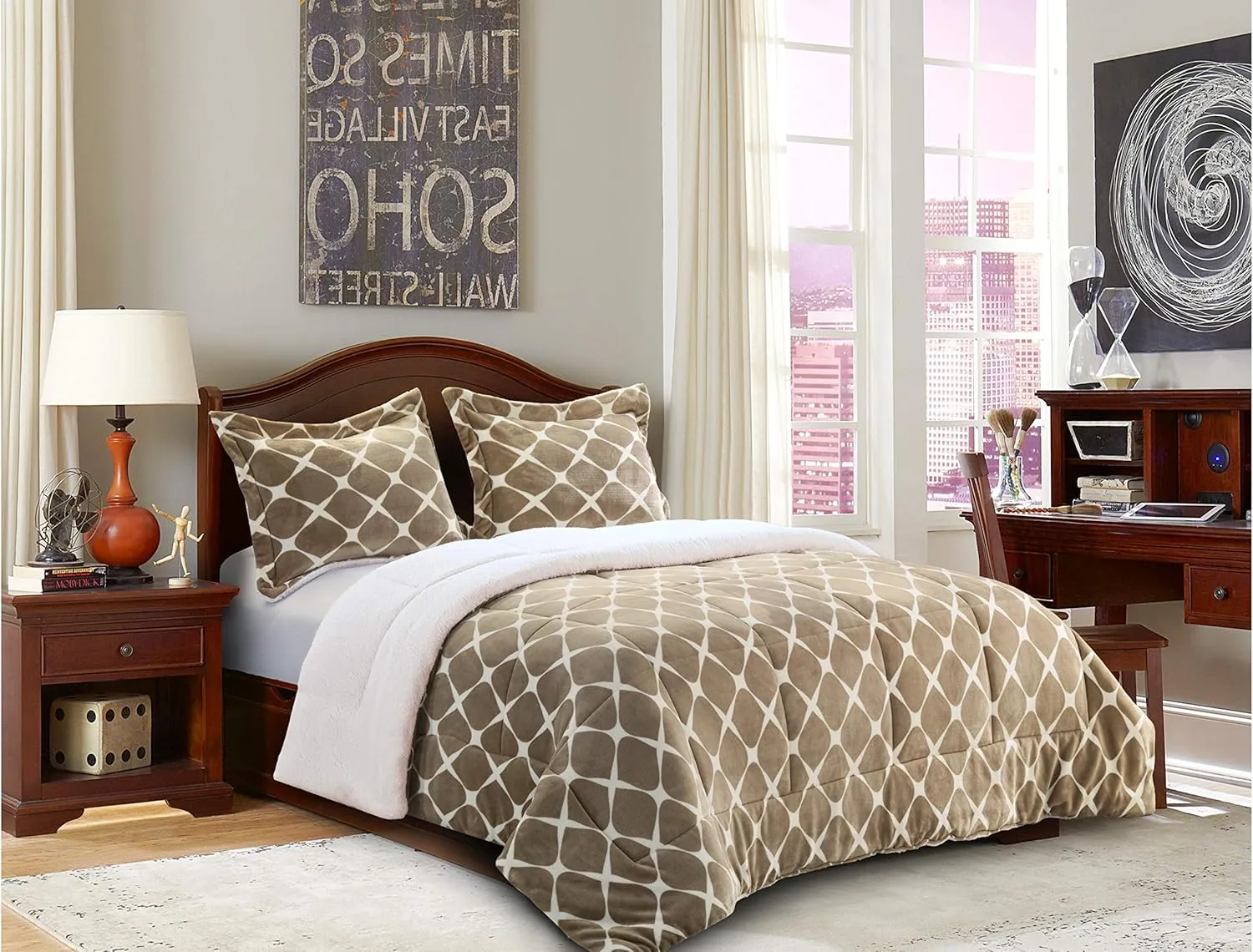 Elegant Comfort Softest, Coziest Premium Quality Heavy Weight Bloomingdale Pattern Micromink Sherpa-Backing Reversible Down Alternative Micro-Suede 3-Piece Comforter Set, King, Mocha