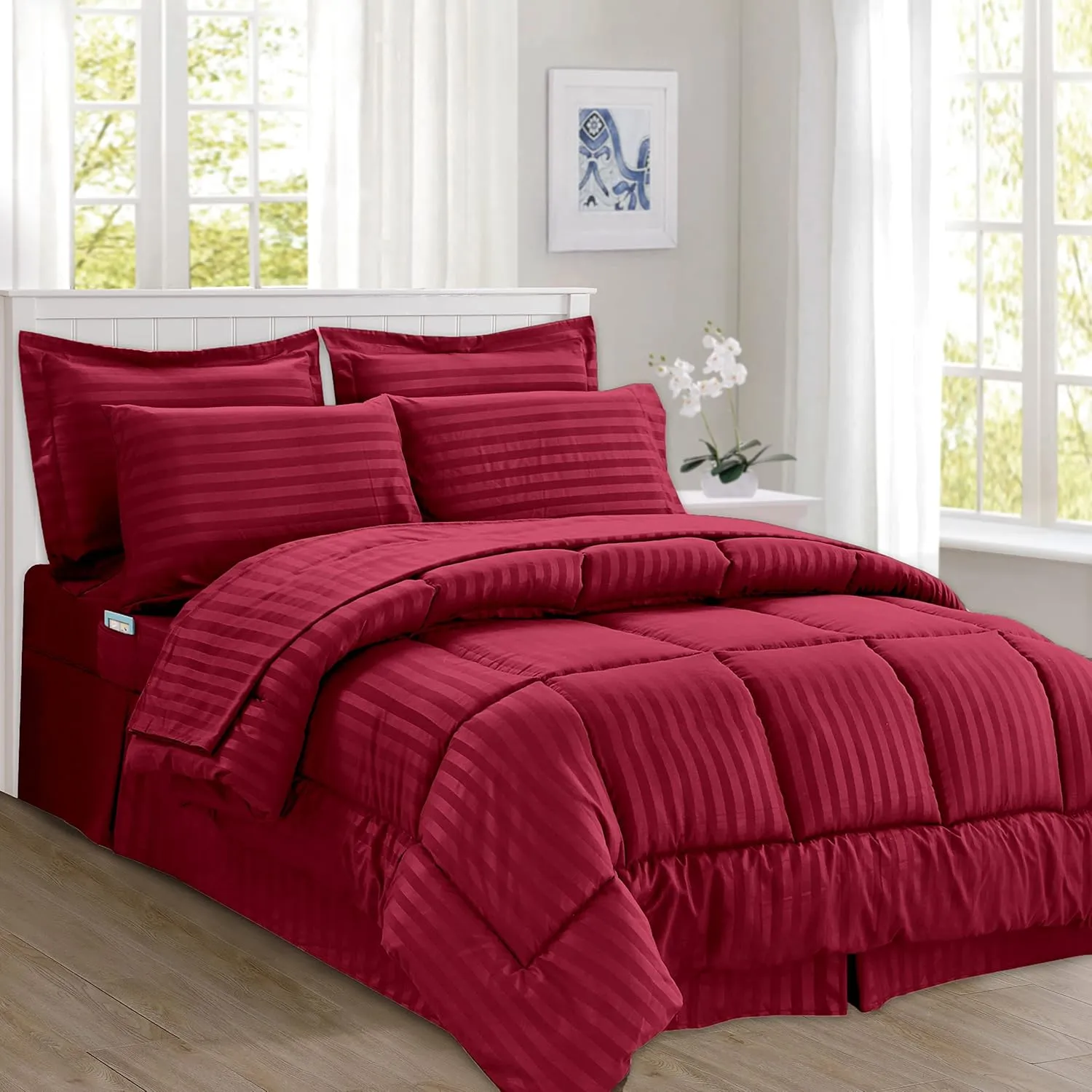 Elegant Comfort Wrinkle Resistant - Silky Soft Dobby Stripe Bed-in-a-Bag 8-Piece Comforter Set - King Burgundy